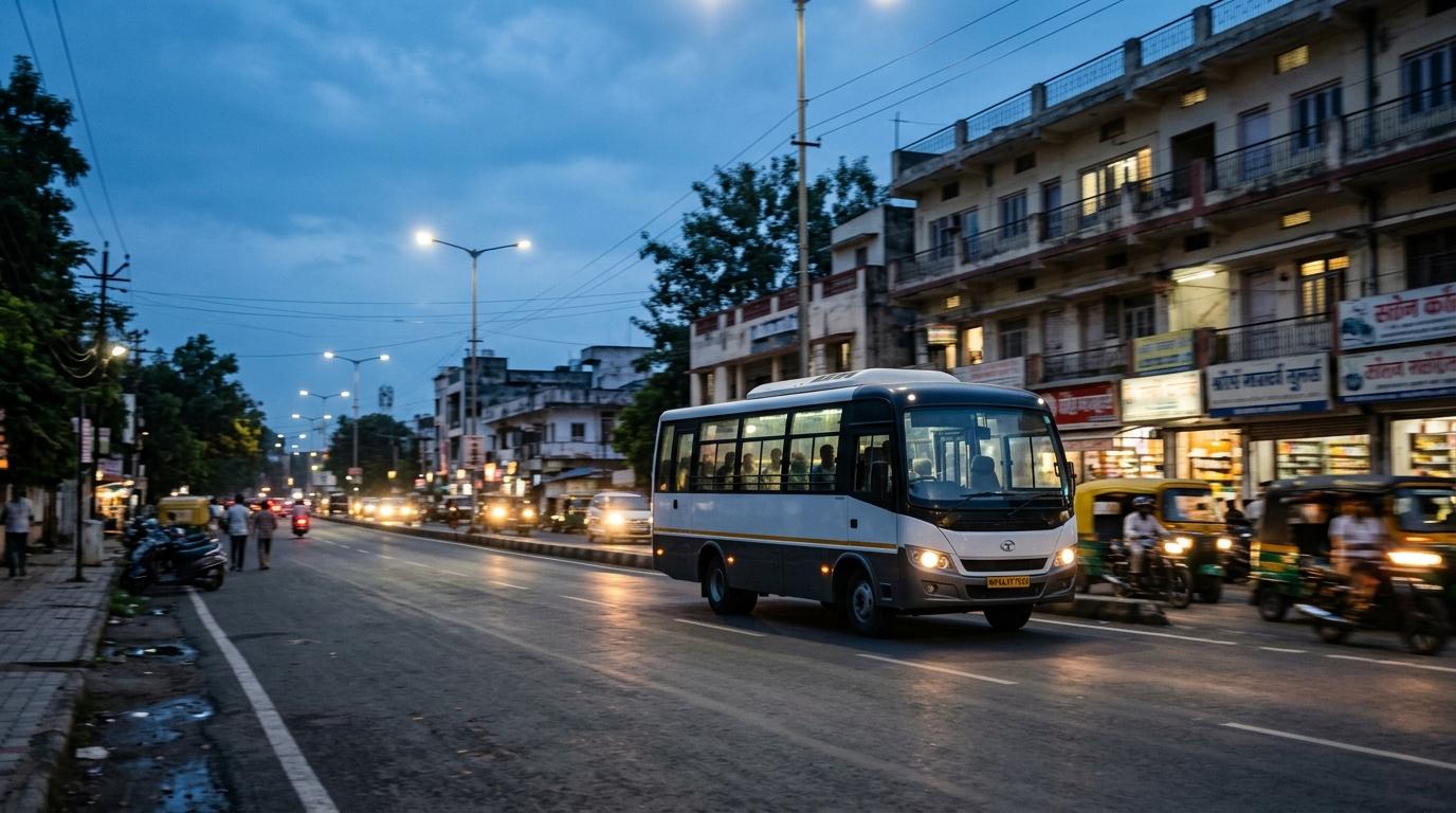 Company shuttle traveling through a city street at dusk