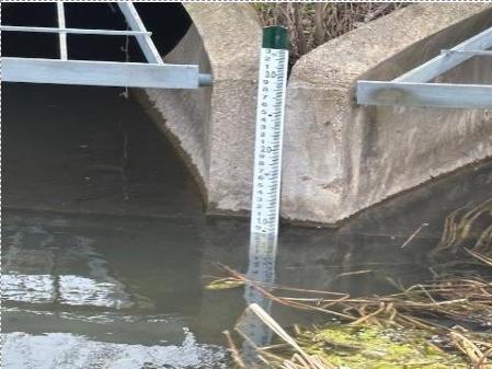 Staff gauge monitoring lake water depth