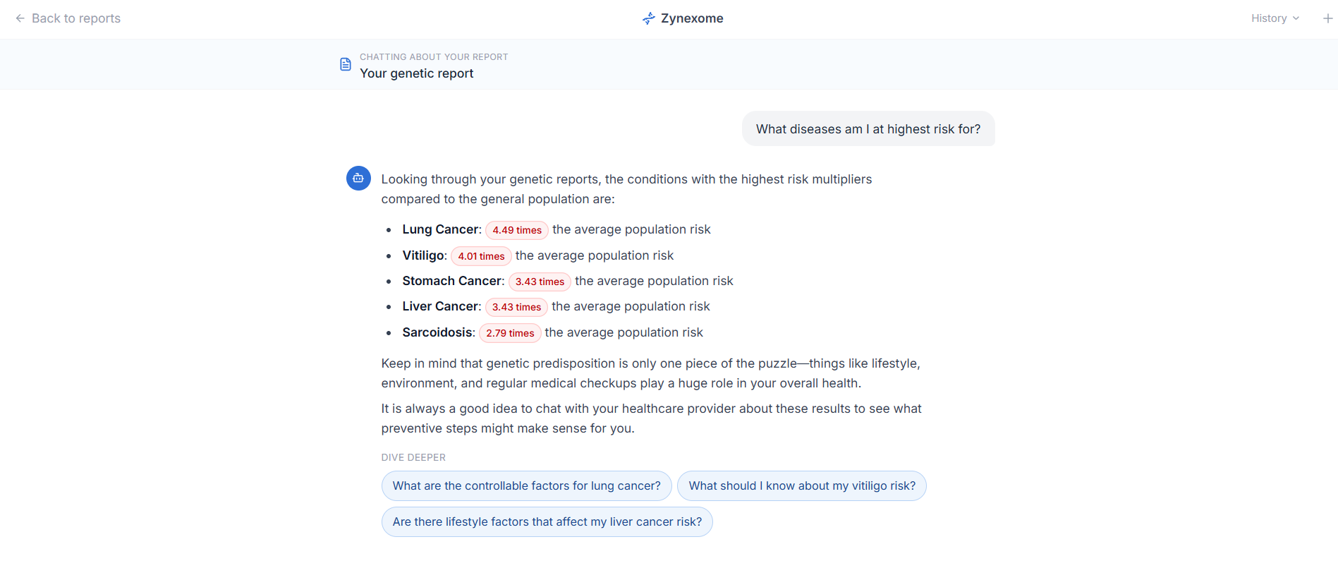 Zynexome AI companion explaining report-specific genetic risk findings and suggesting follow-up questions