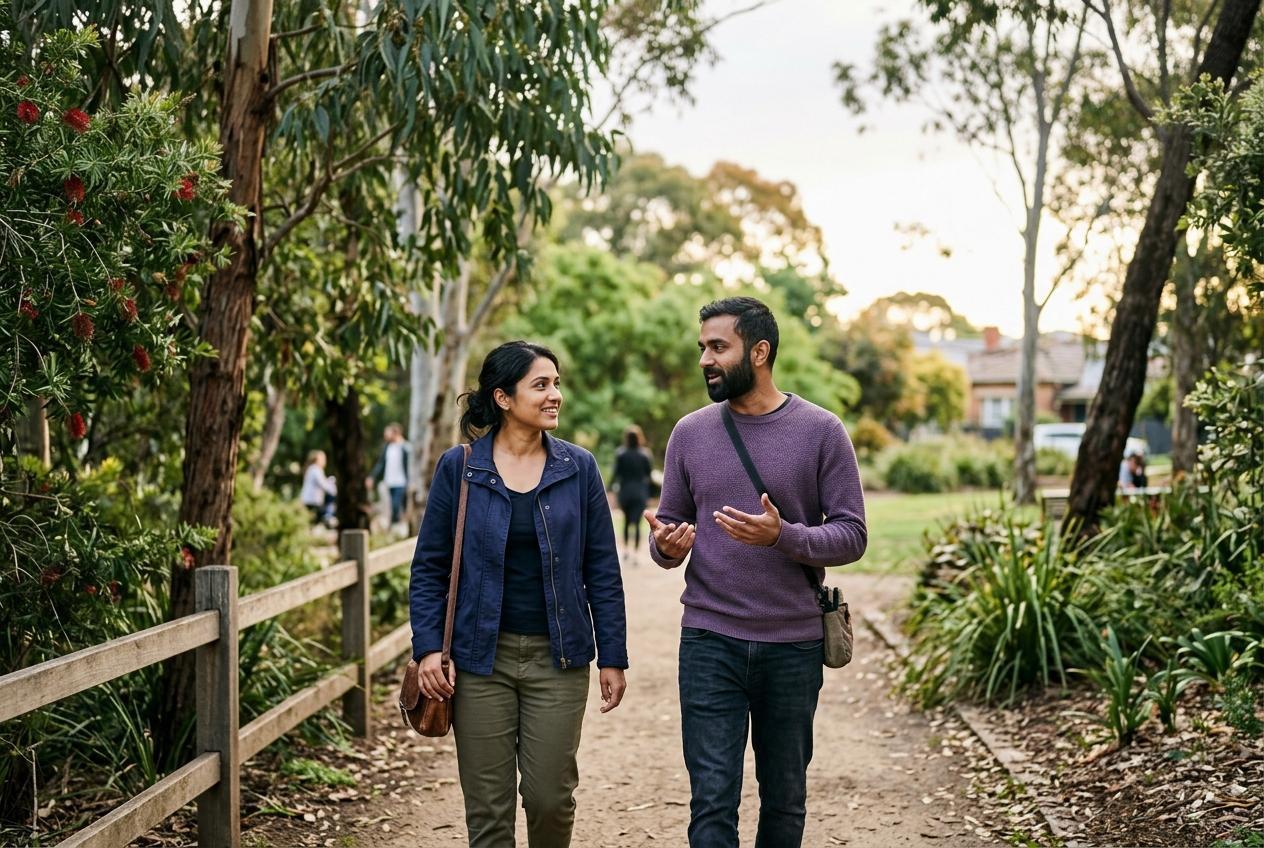 Illustrative scene of two adults talking while walking through a leafy park