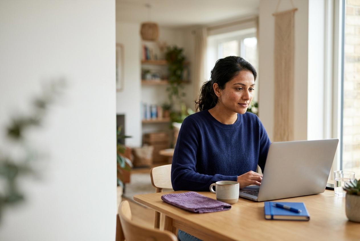 Illustrative scene of a person reviewing health information in a comfortable home