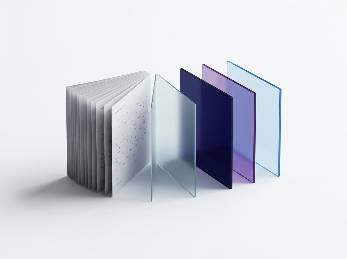 Conceptual paper reports beside clear glass sheets with blue and violet edges