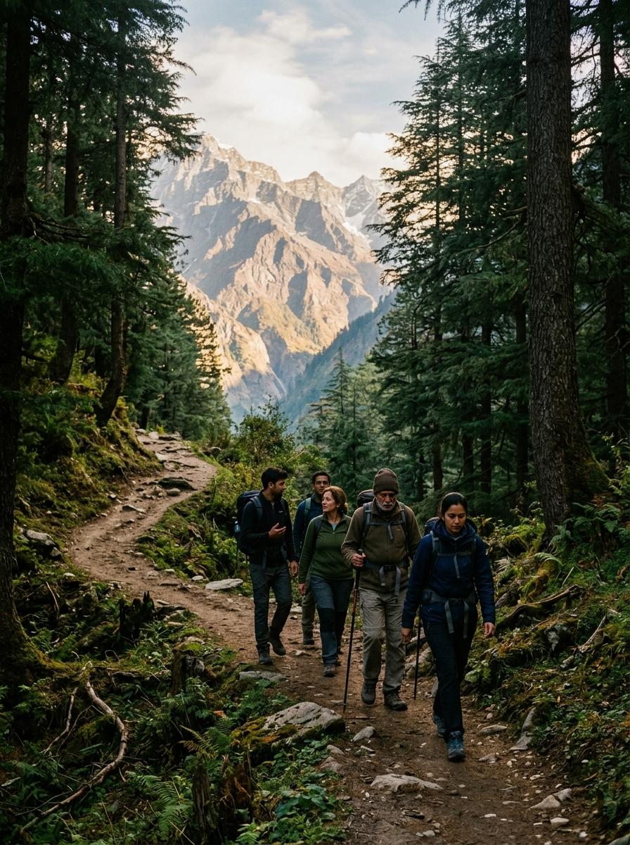 Travellers walking together through Himalayan pines towards an open ridge
