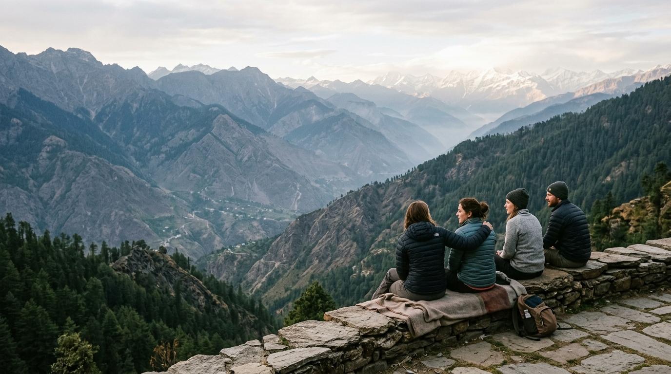 A small group sharing time together above a Himalayan valley
