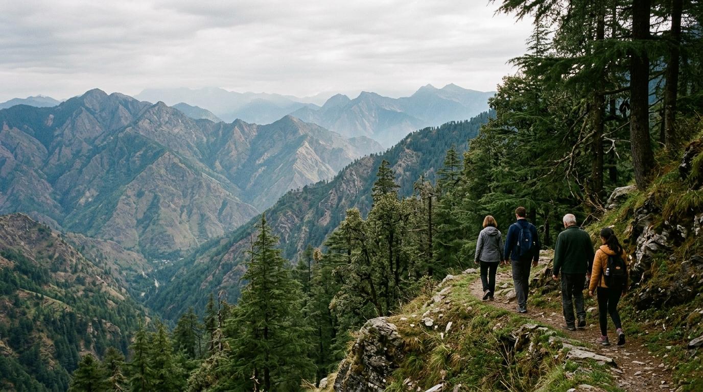 Travellers walking a Himalayan ridge with layered mountain valleys beyond