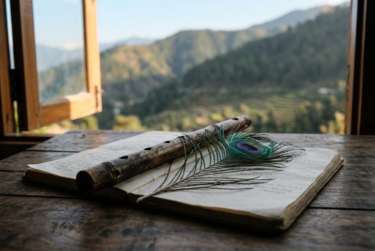 A bamboo flute and peacock feather beside an open notebook near the mountains