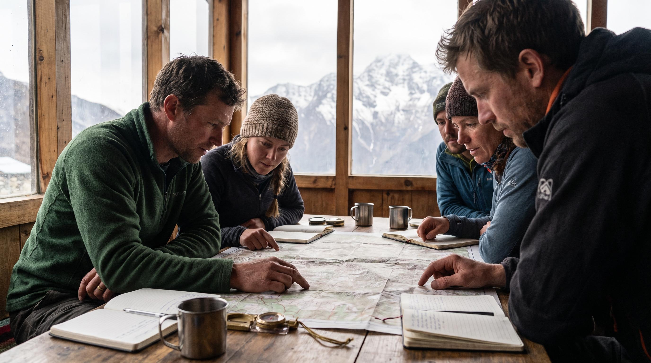 An expedition team planning a Himalayan field programme around topographic maps