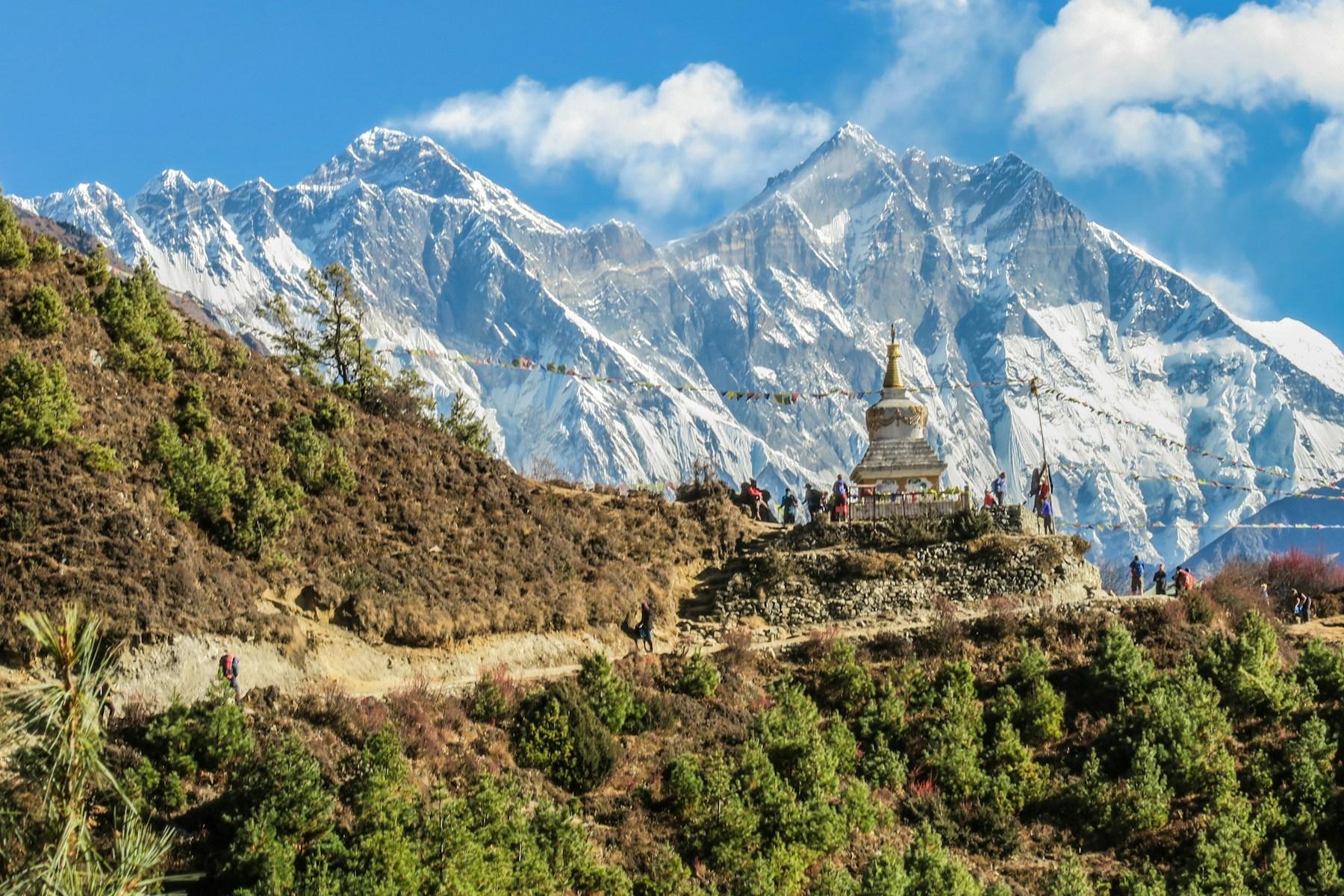 A high Himalayan valley revealing layers of rock, river and ice