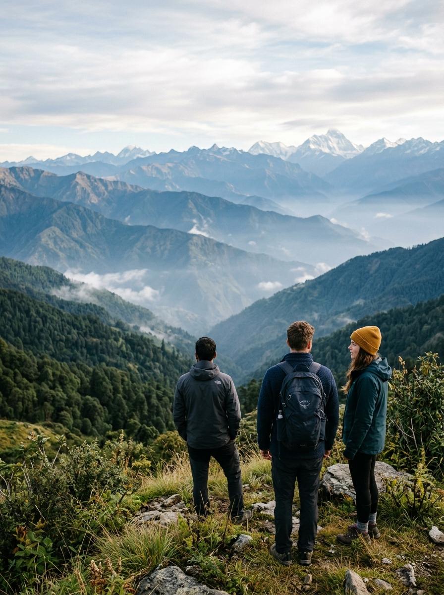 A small group pausing together above the Himalayan valley