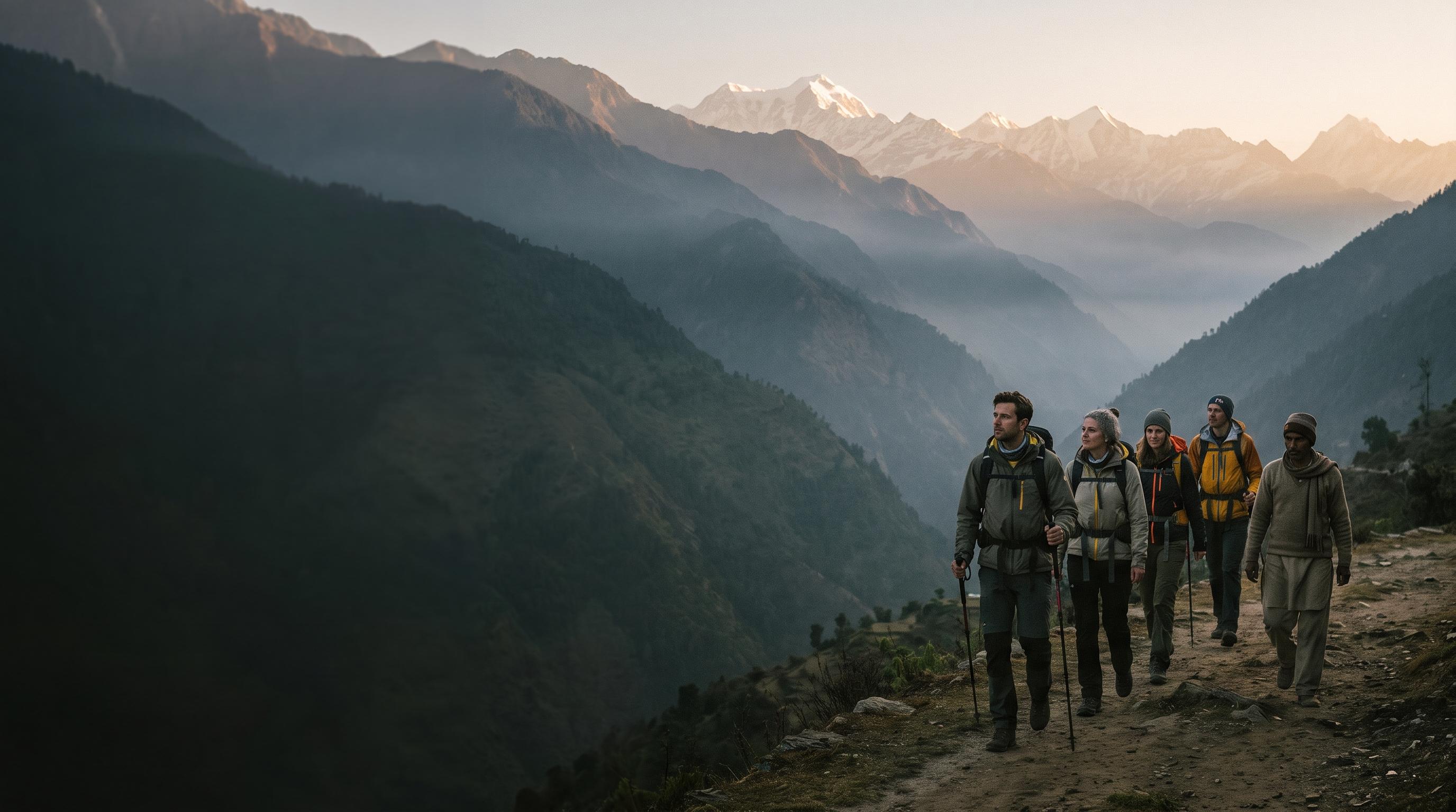 A small group walking together through a Himalayan valley at first light