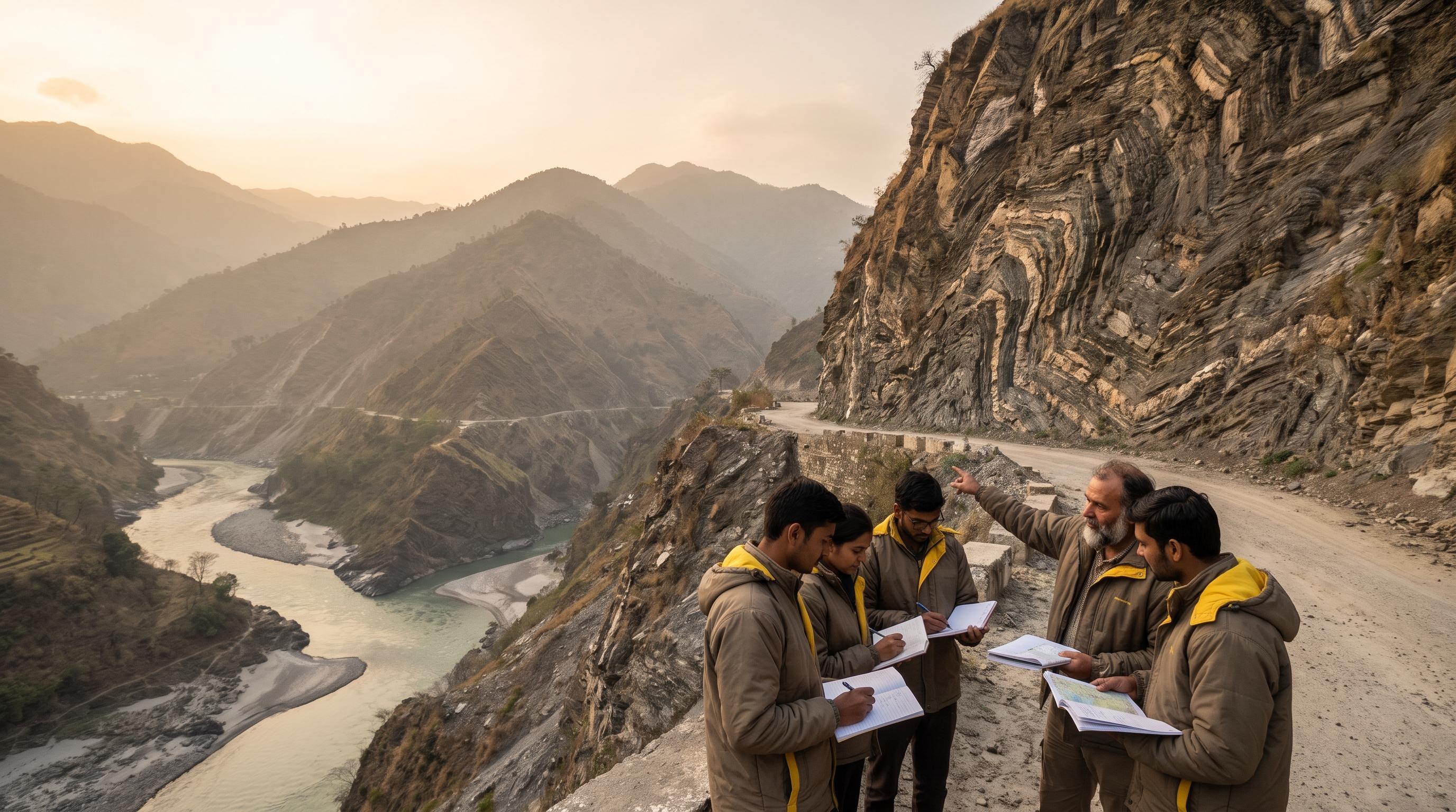 Participants studying Himalayan rock formations in the field