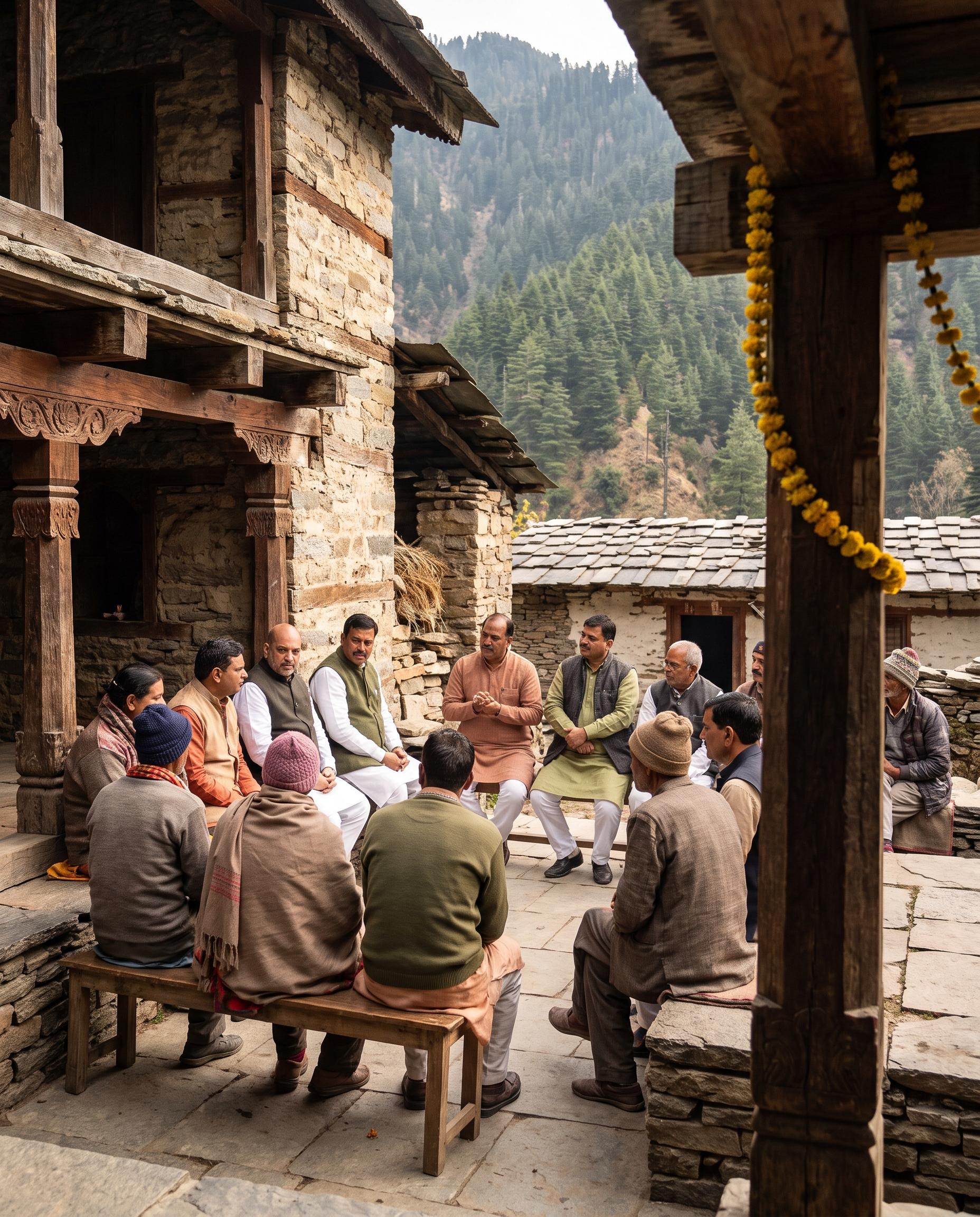 Travellers sharing time with hosts in a Himalayan village