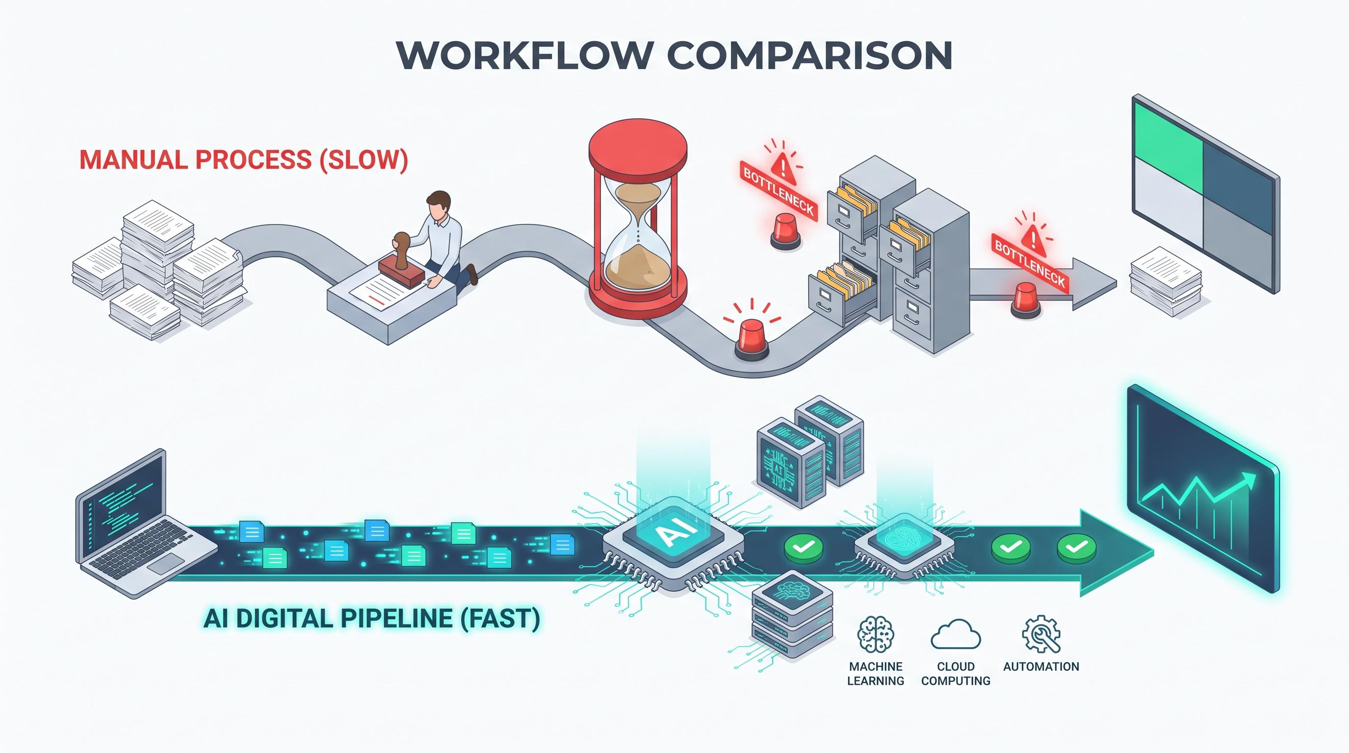 Visual workflow diagram comparing manual vs AI tender processing