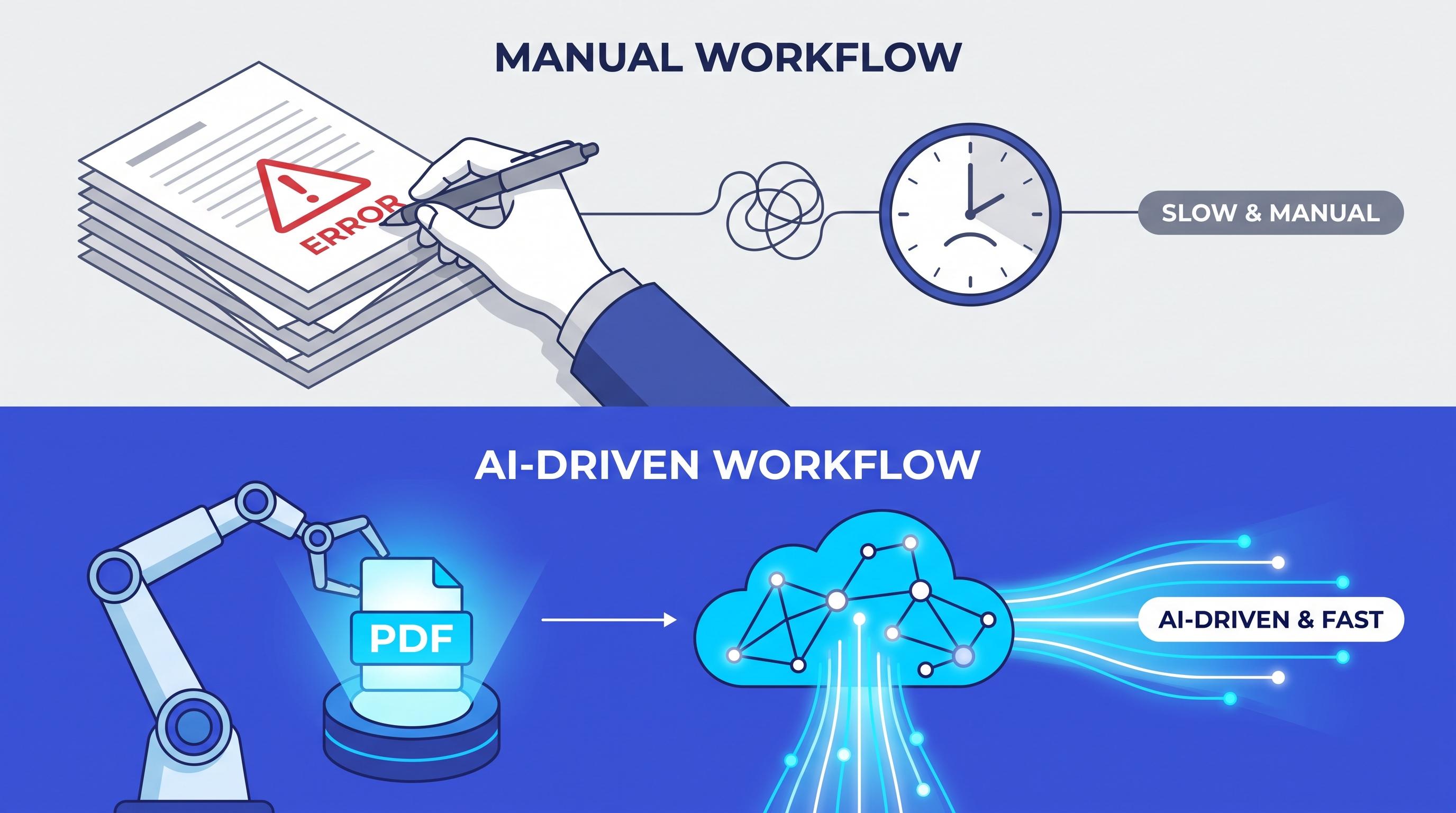 Comparison of manual workflow vs AI-driven automated workflow