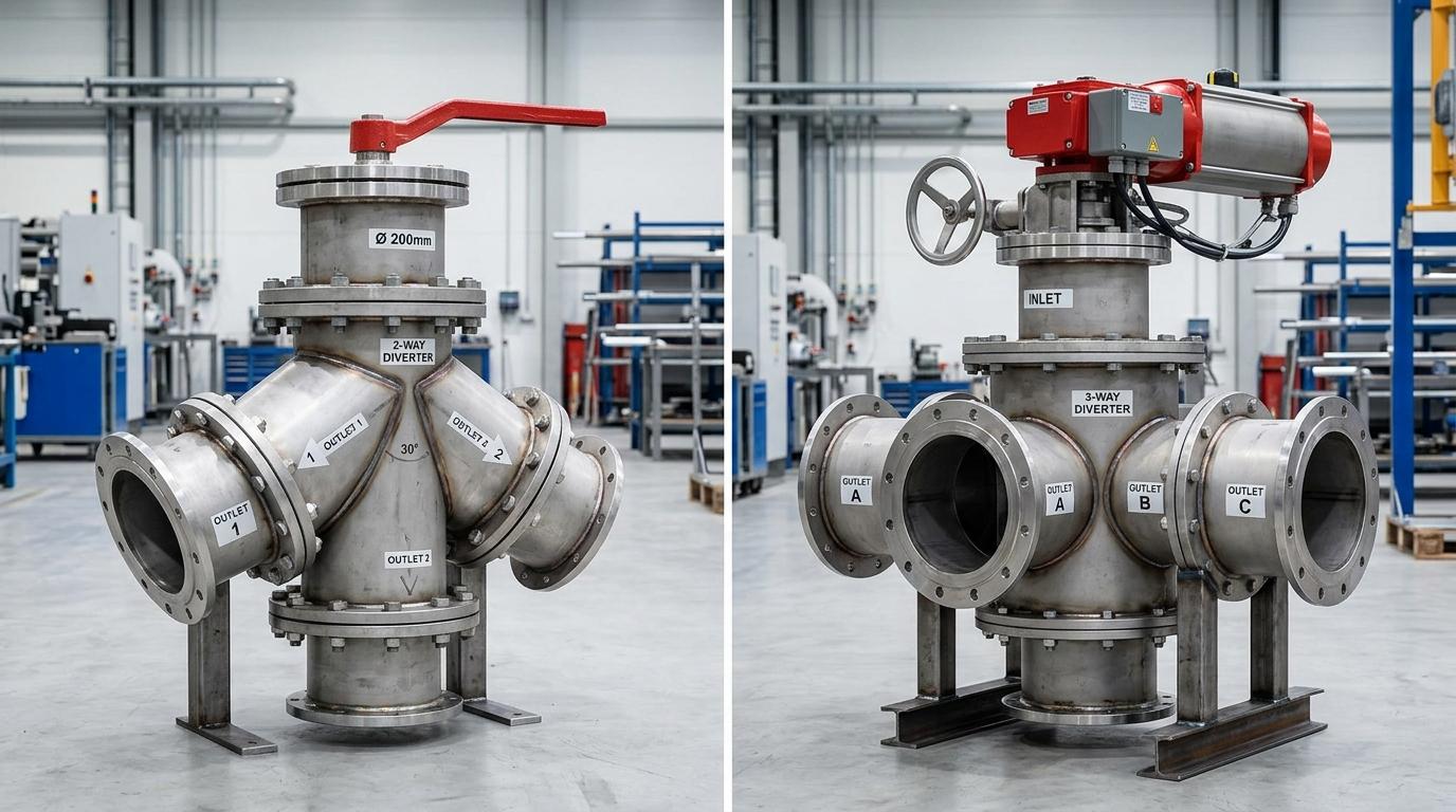 Comparison image showing a 2-way diverter valve and a 3-way diverter valve side by side in an industrial bulk material handling setting.