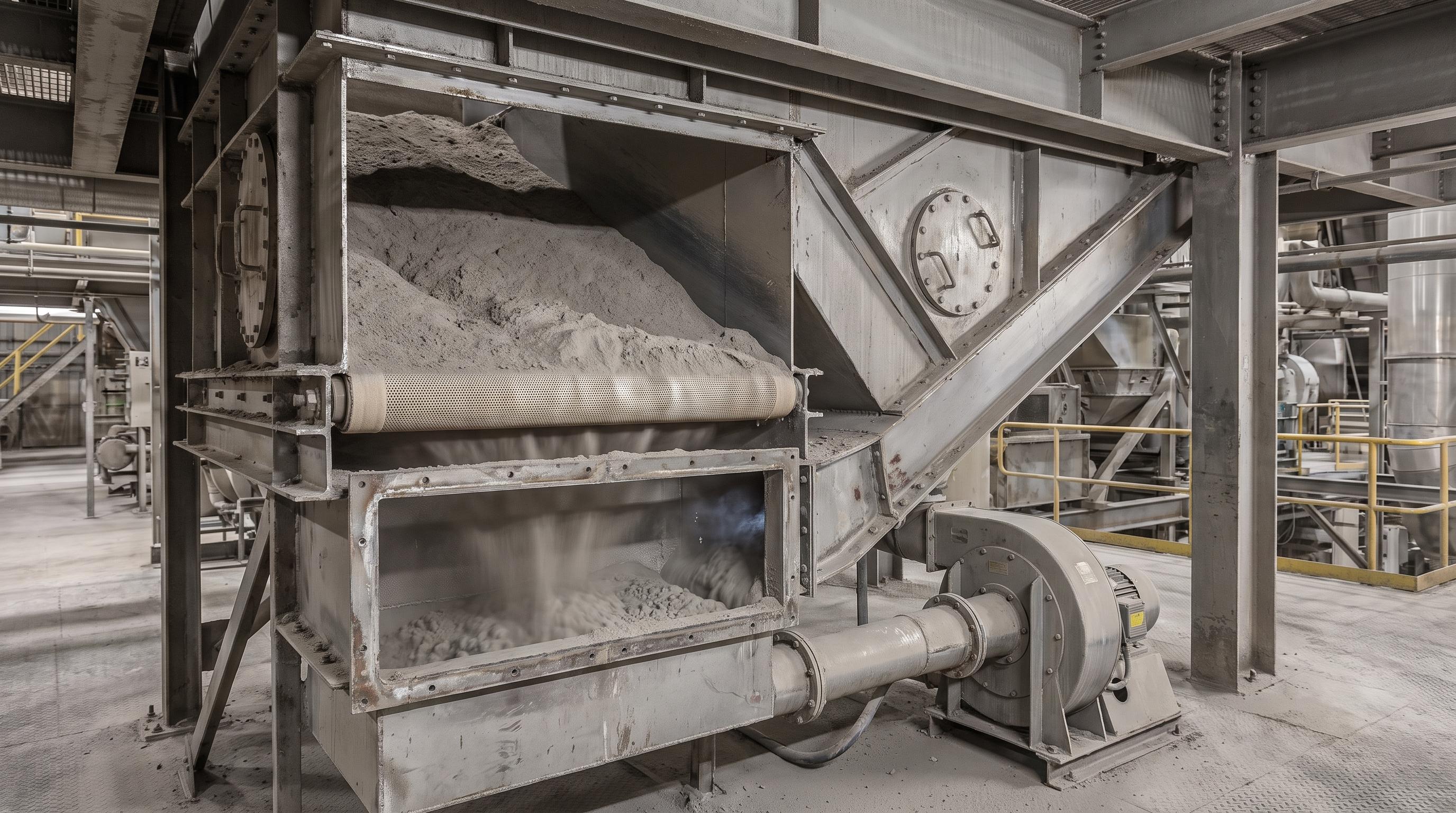 Realistic cutaway of an air slide conveyor showing the sloped material trough, porous fabric deck, lower air plenum, and cement powder fluidized by low-pressure air