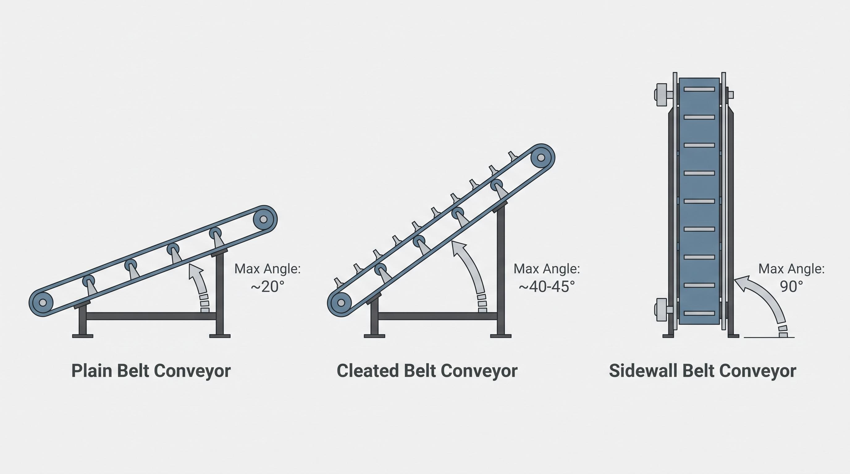 Simple comparison graphic showing practical belt conveyor incline limits for plain, cleated, and sidewall belts
