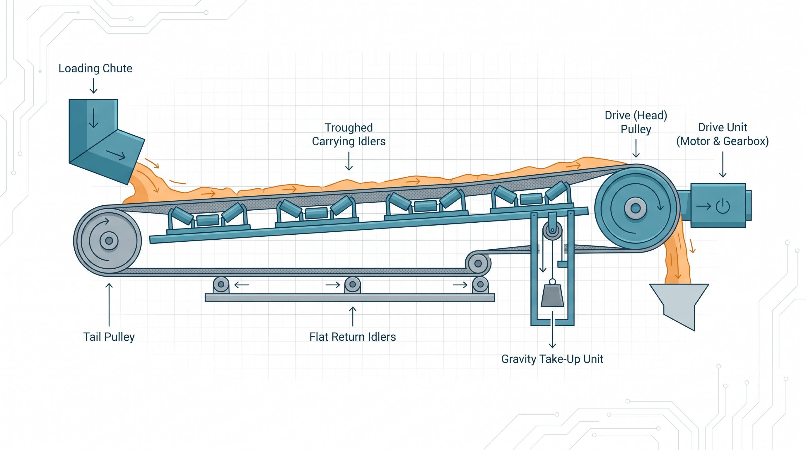 Engineering schematic infographic of a standard troughed belt conveyor showing loading chute, tail pulley, troughed carrying idlers, drive head pulley, drive unit, gravity take-up unit, and flat return idlers in continuous material flow.