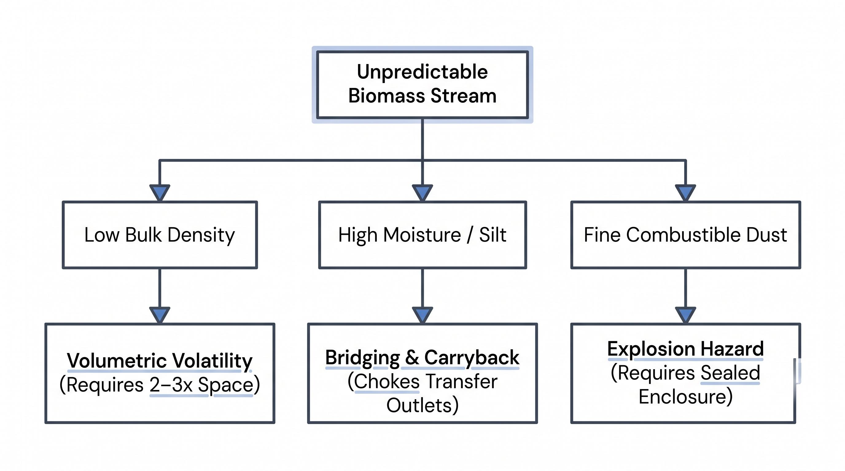 Flow diagram showing how unpredictable biomass stream conditions lead to low bulk density, high moisture or silt, and fine combustible dust, causing volumetric volatility, bridging and carryback, and explosion hazard.