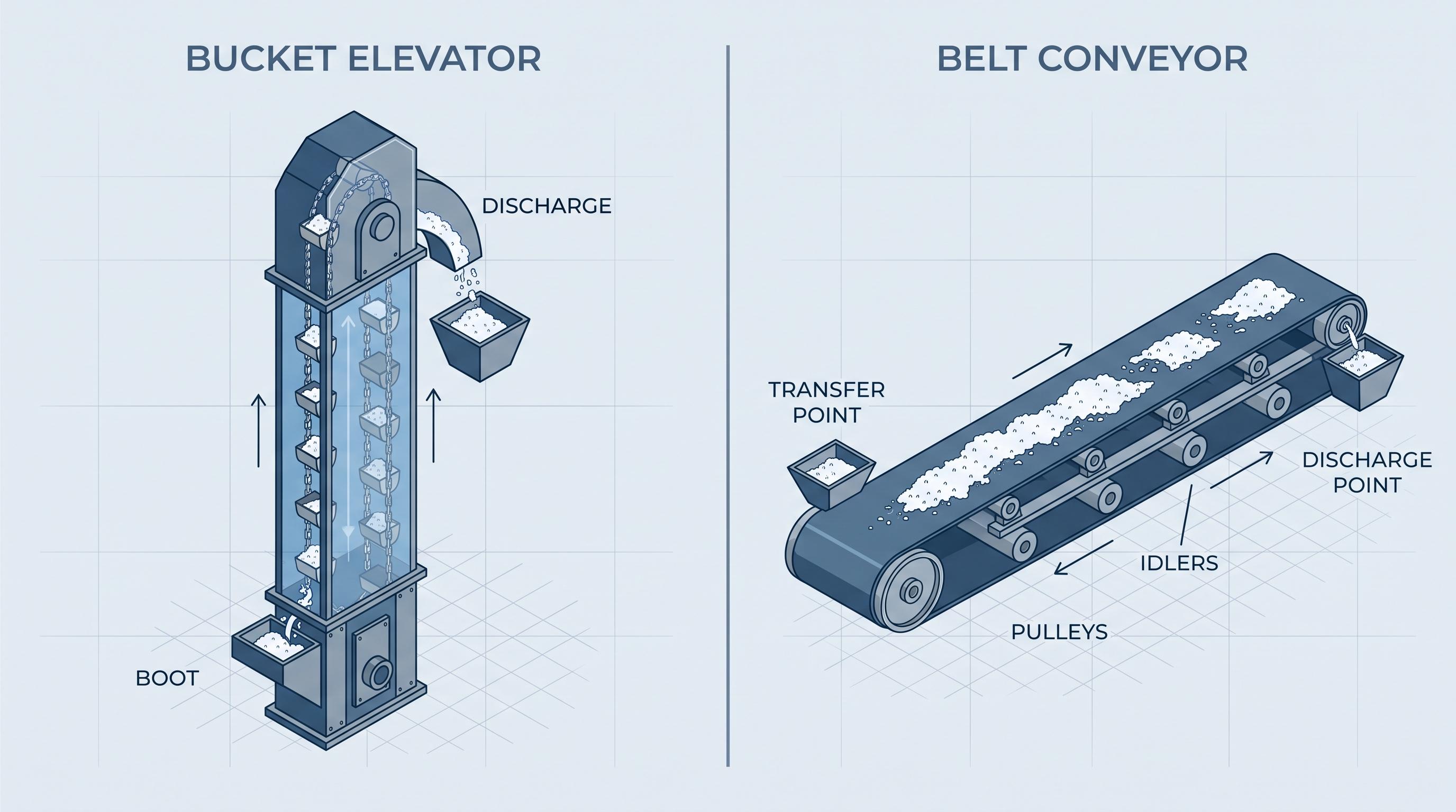 Side-by-side diagram comparing bucket elevator vertical lift and belt conveyor layout