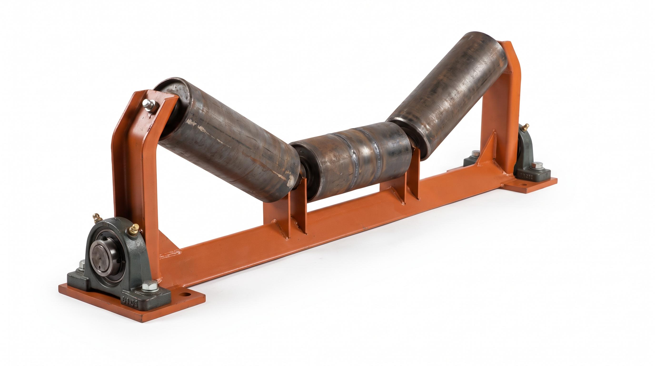 Three-roll troughing carrying idler assembly isolated on a white background