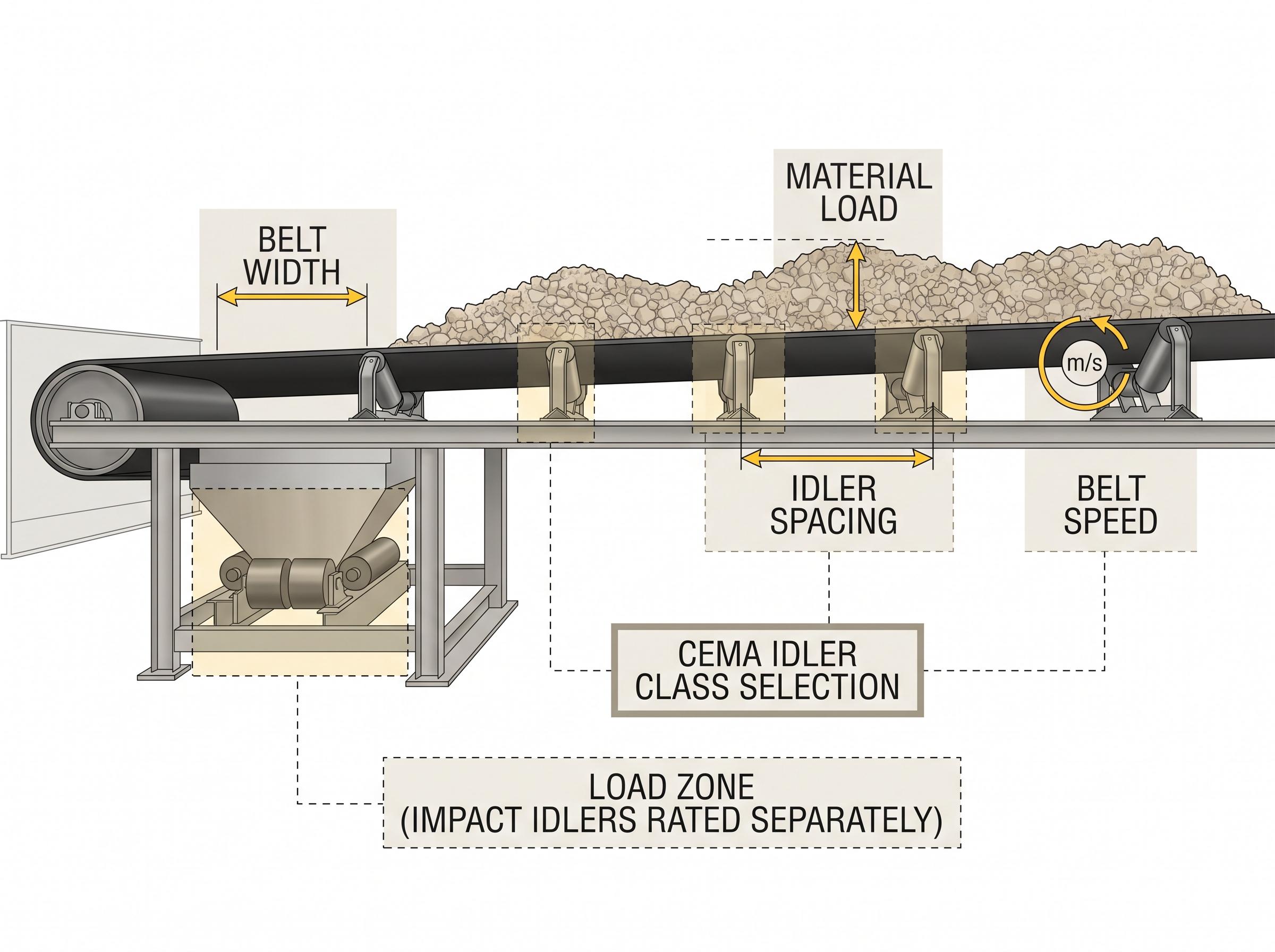 Illustration showing how belt width, material load, idler spacing, and belt speed determine CEMA idler class, with impact idlers rated separately at the load zone