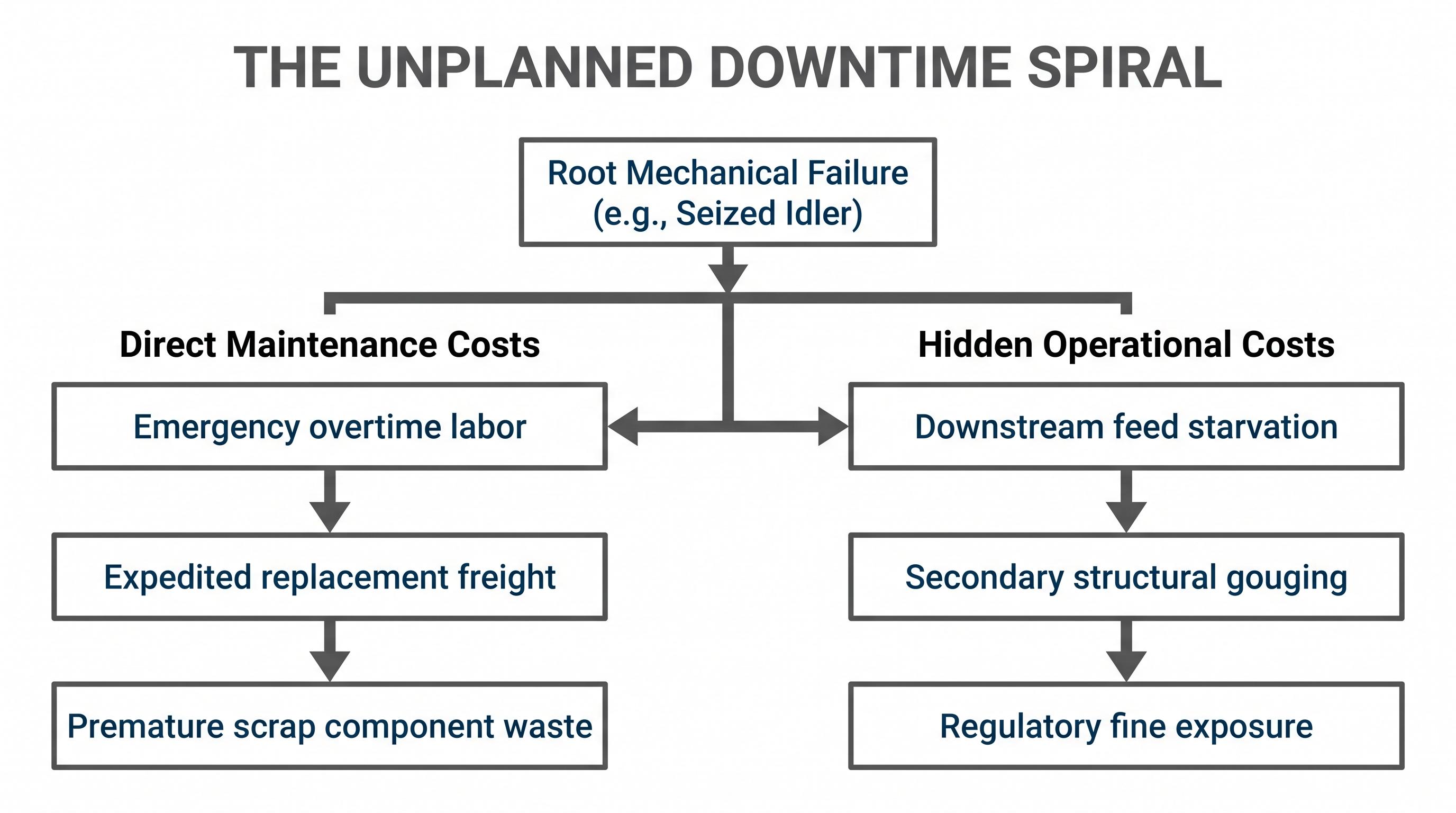 Flowchart showing the unplanned downtime spiral from root mechanical failure to direct maintenance costs and hidden operational costs