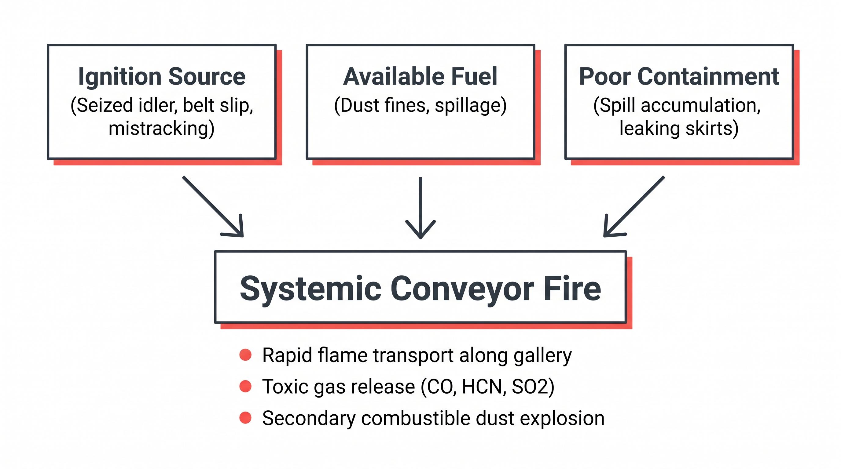 Flow diagram showing how ignition source, available fuel, and poor containment lead to a systemic conveyor fire