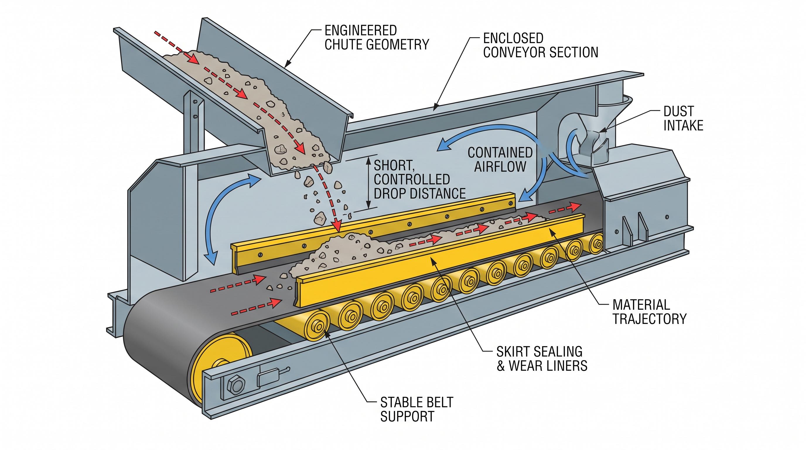 Cutaway diagram of a conveyor transfer point showing chute geometry, controlled drop height, belt support, skirt sealing, enclosed section, and contained airflow