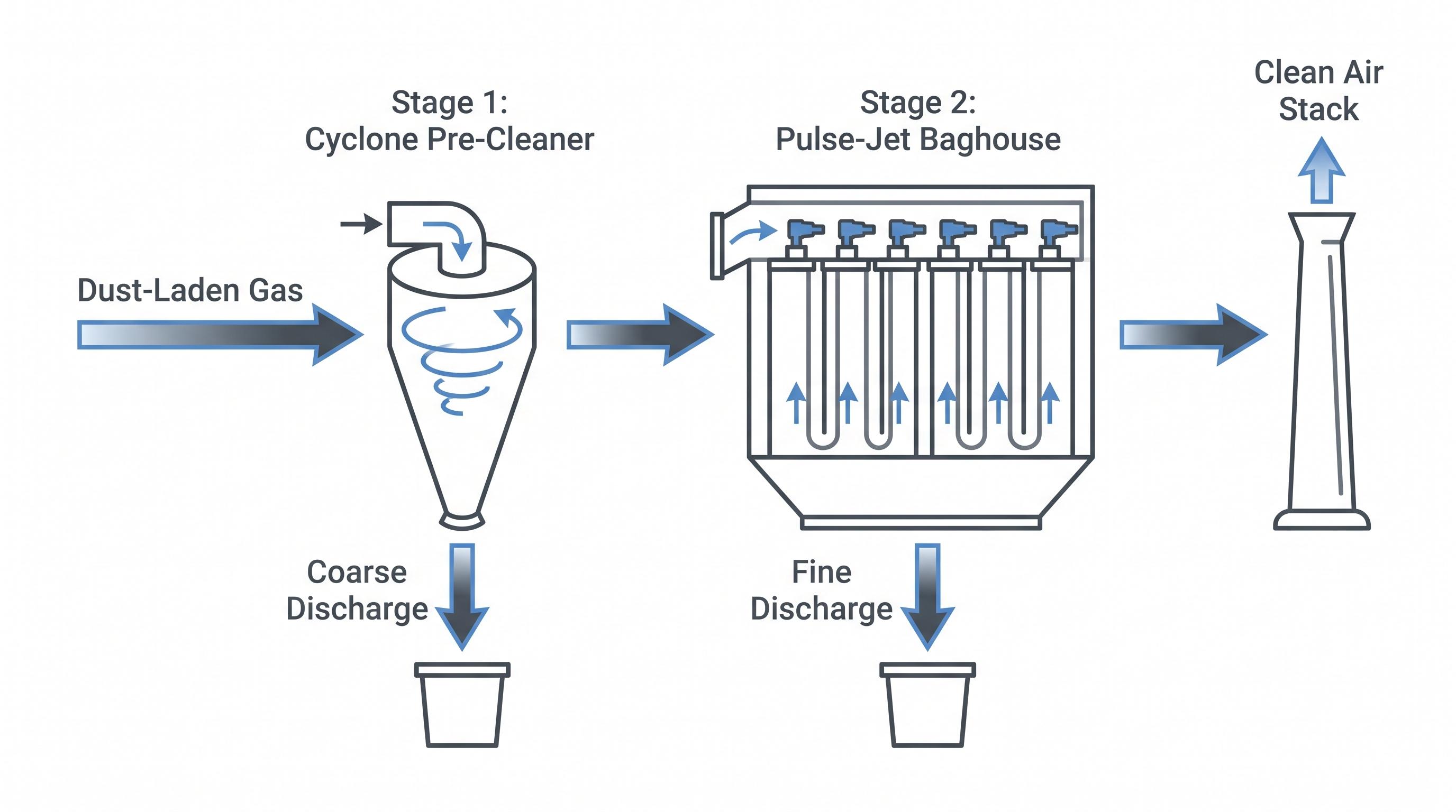 Two-stage dust collection diagram showing dust-laden gas entering a cyclone pre-cleaner, then a pulse-jet baghouse, with coarse and fine discharge points and a clean air stack