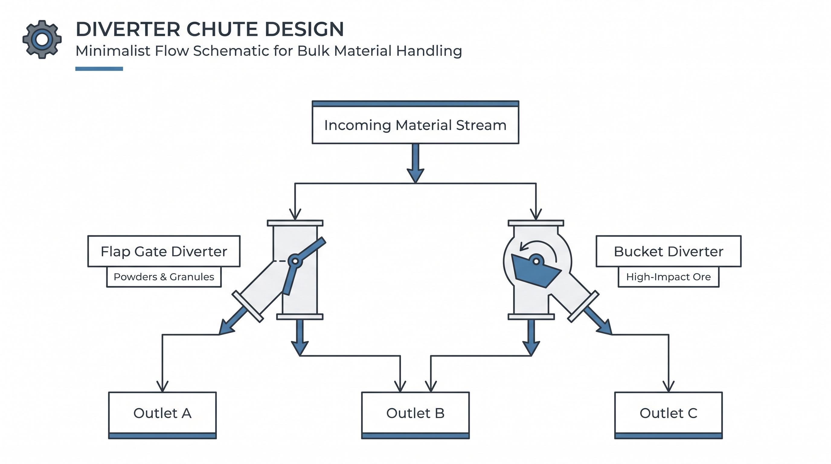 Minimal diverter chute flow diagram on a white background showing incoming material stream, flap gate diverter, bucket diverter, and three outlets