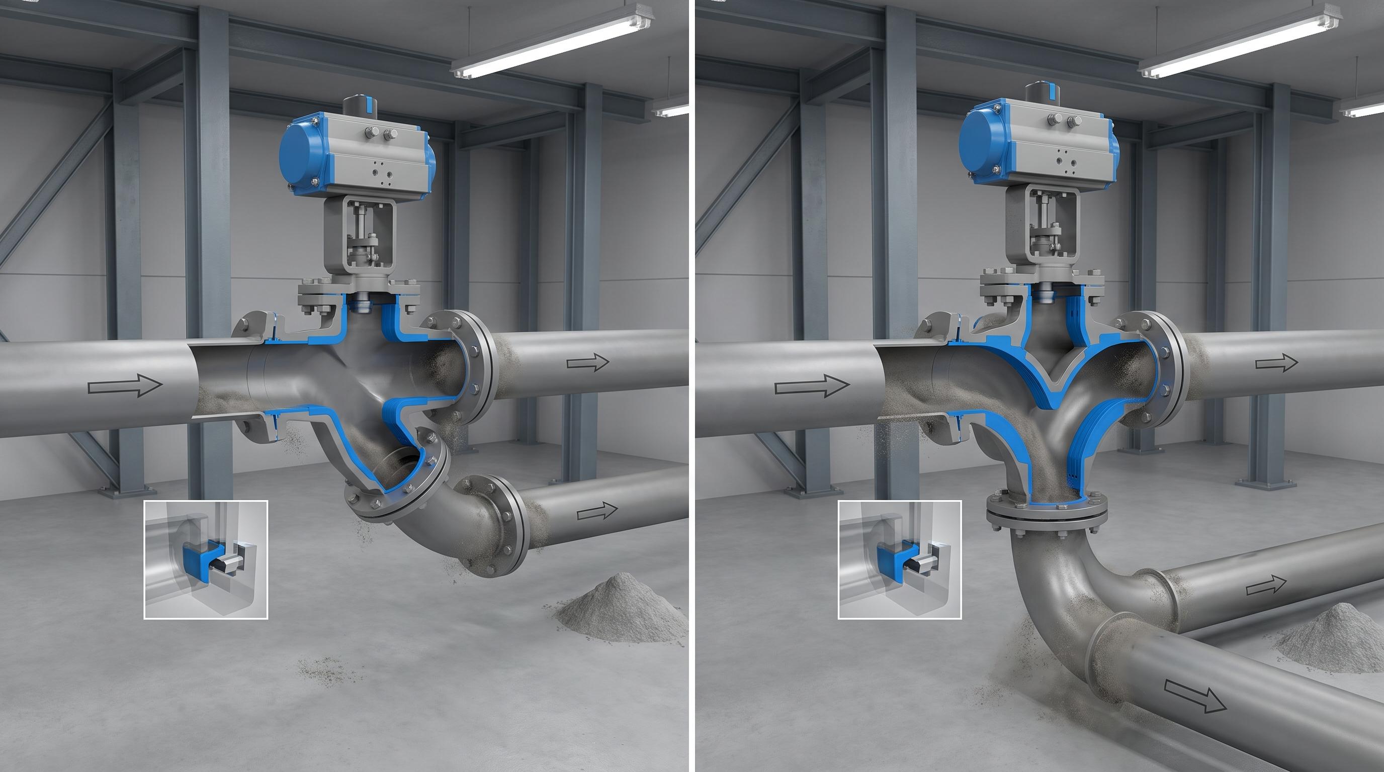 Diverter valve routing layout showing how pressure duty, abrasive material wear, and sealing requirements affect valve selection in dry bulk conveying