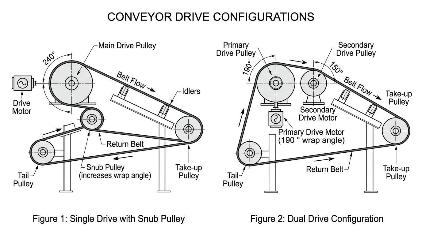 Technical diagram showing single drive with snub pulley and dual drive conveyor configurations on a white background