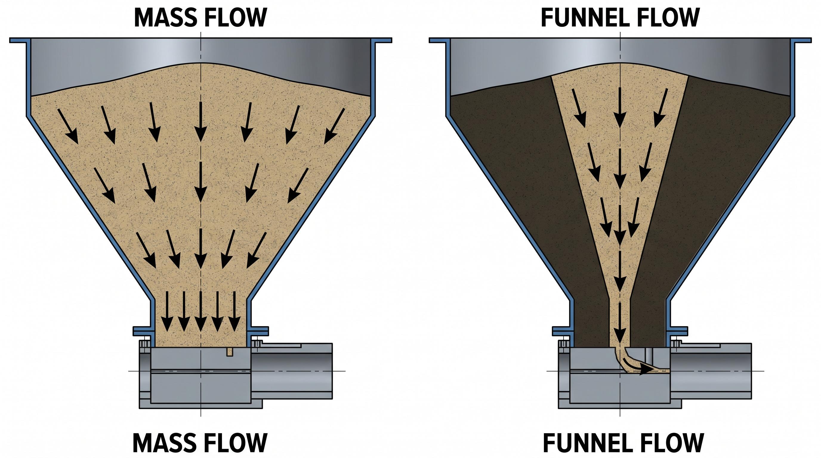 Side-by-side hopper discharge diagram showing mass flow versus funnel flow above a flow control gate