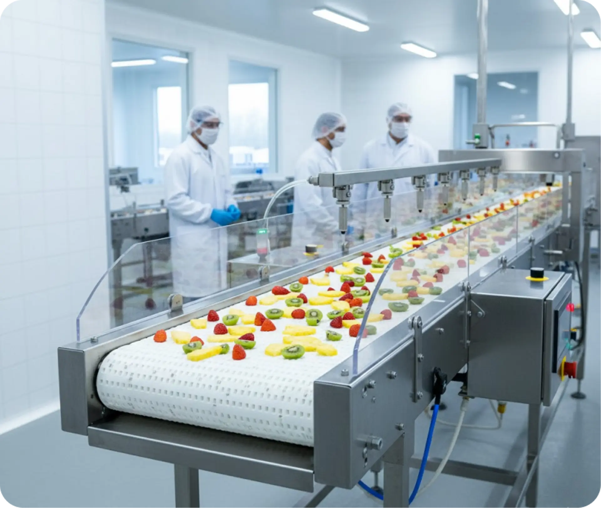 Hygienic belt conveyor carrying sliced peppers through a food processing line