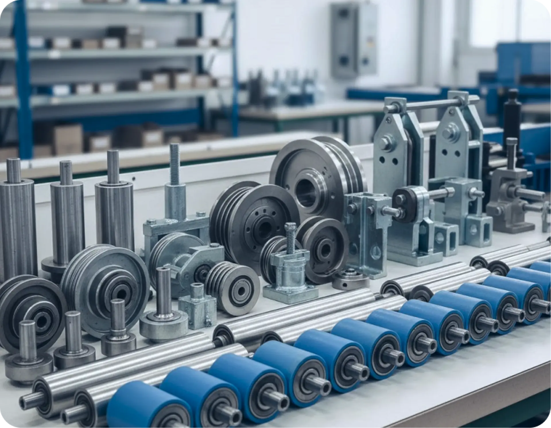 Conveyor rollers and pulleys laid out beside a belt conveyor on the shop floor