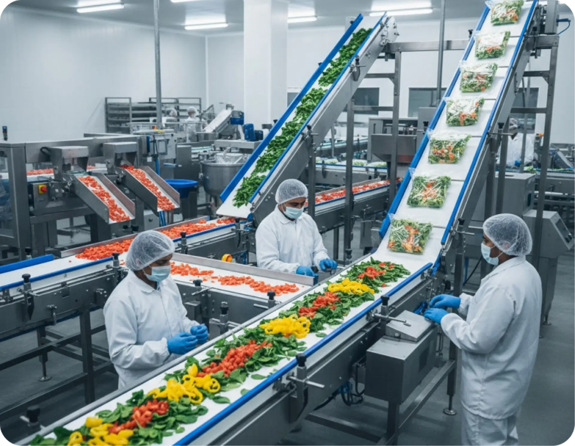 Inclined conveyors feeding packing trays on a vegetable processing line