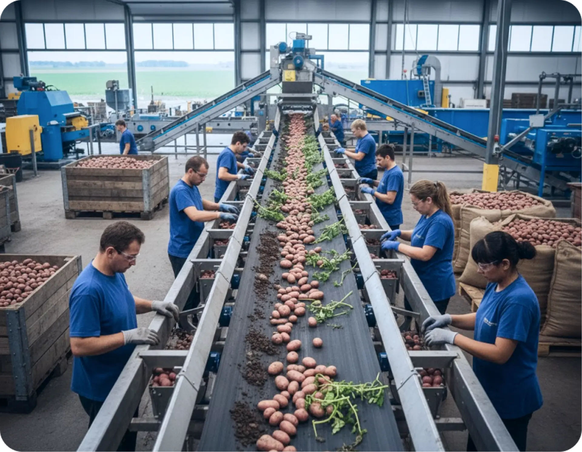 Workers sorting potatoes along a picking conveyor in a packhouse