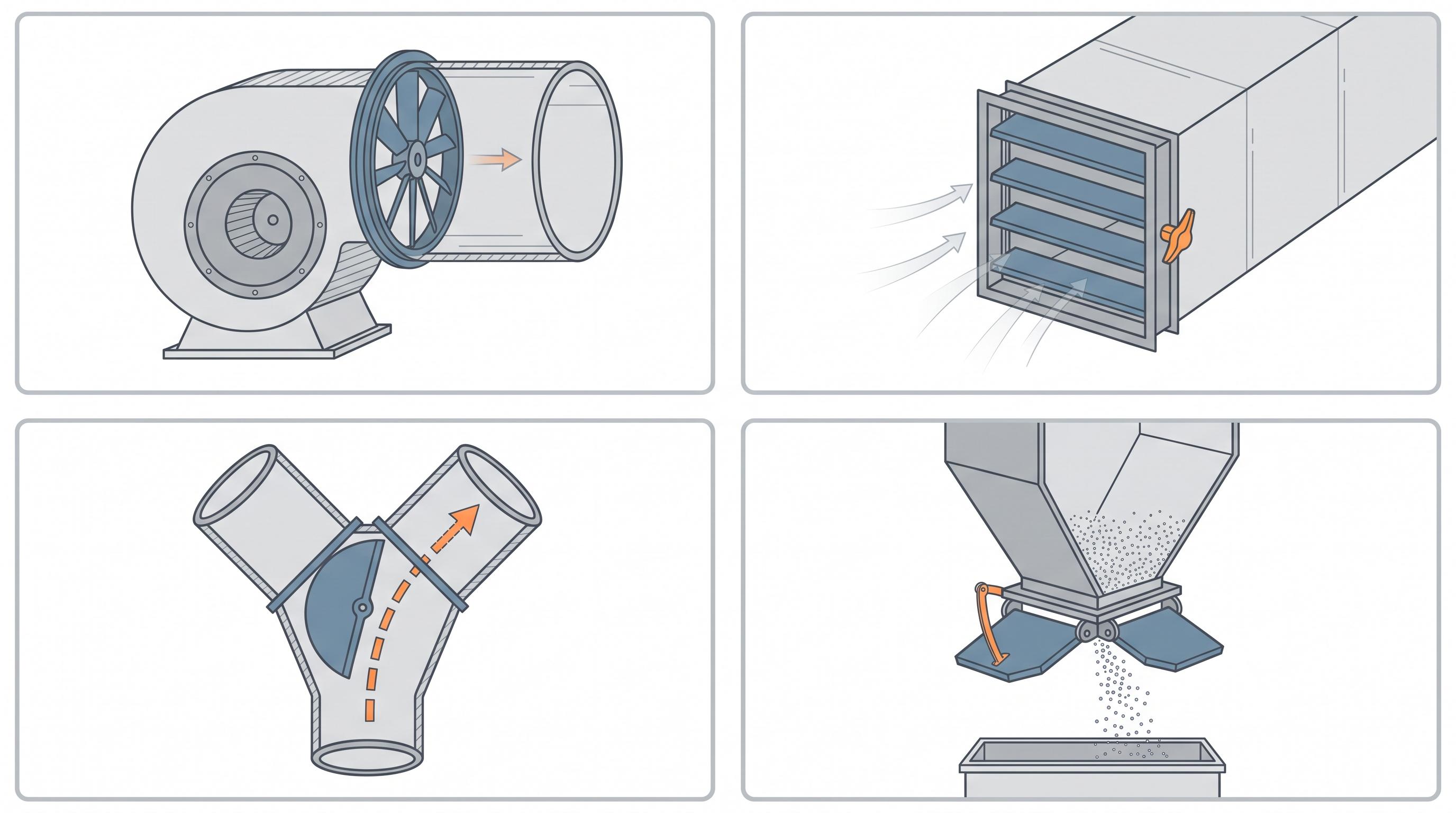 Simplified industrial damper visual showing fan inlet, louvre, splitter, and double flap applications