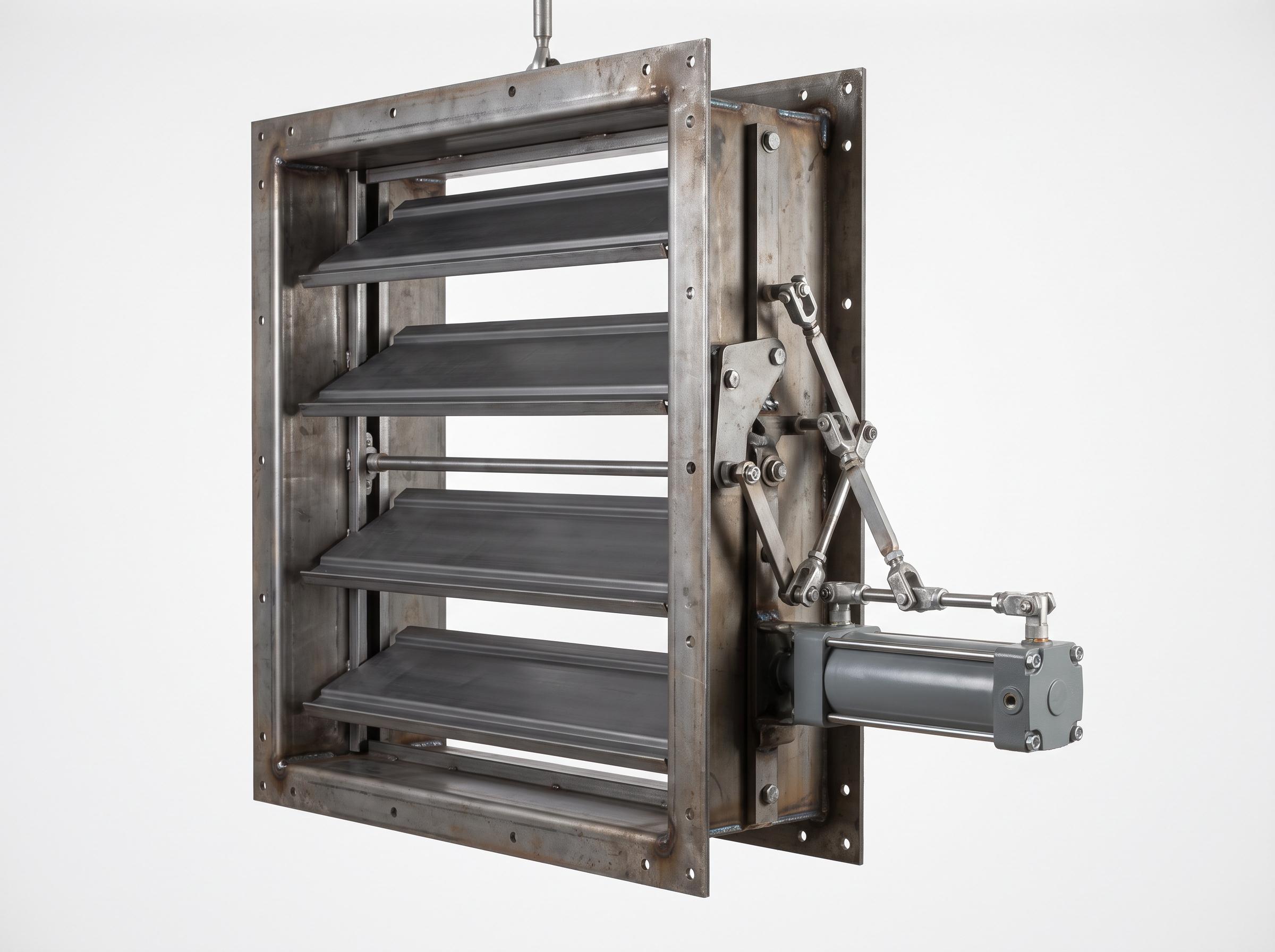 Photorealistic industrial louver damper with multiple blades in a steel frame