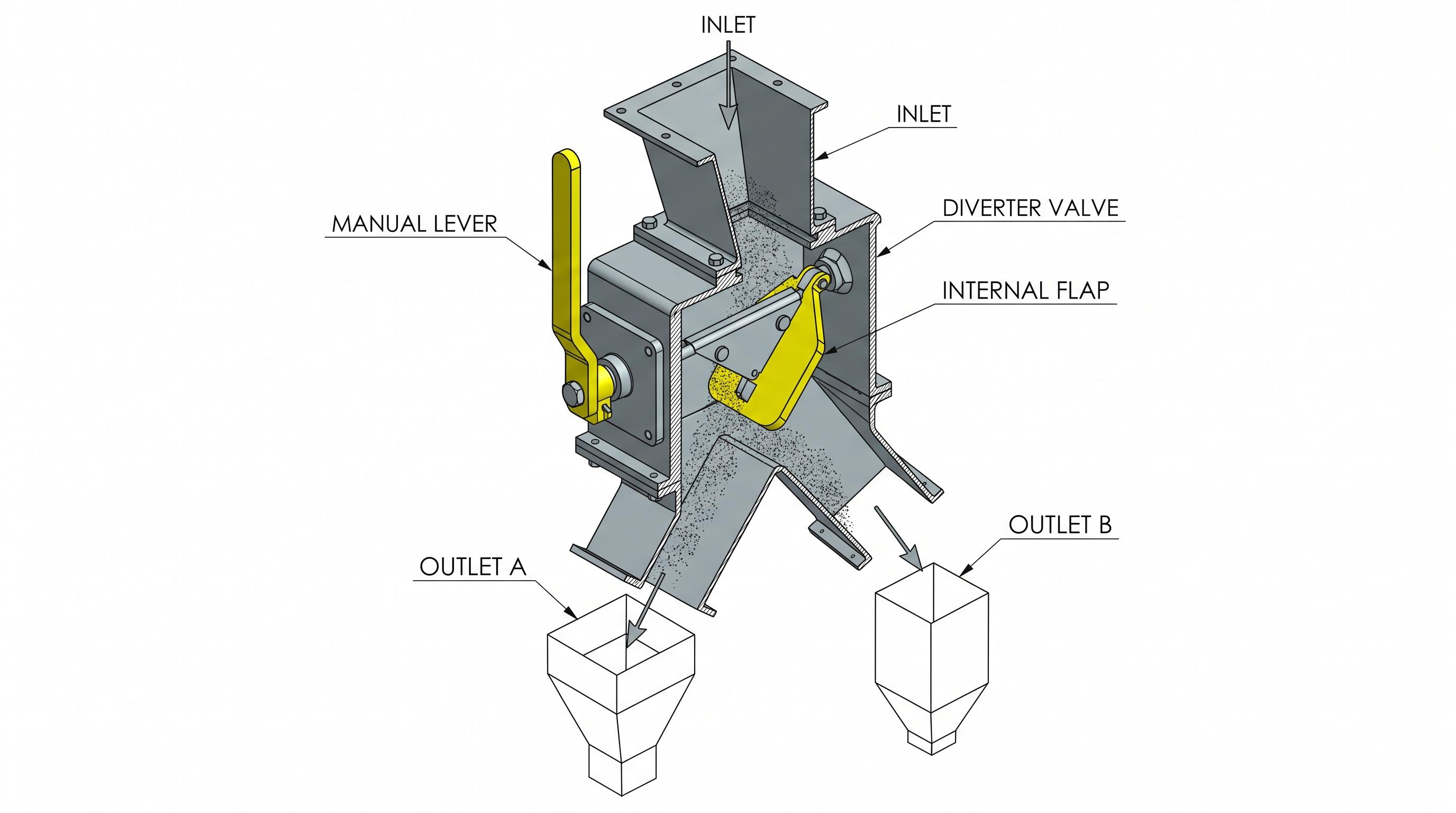 Manual diverter valve routing diagram with inlet, hand lever, and two outlet paths