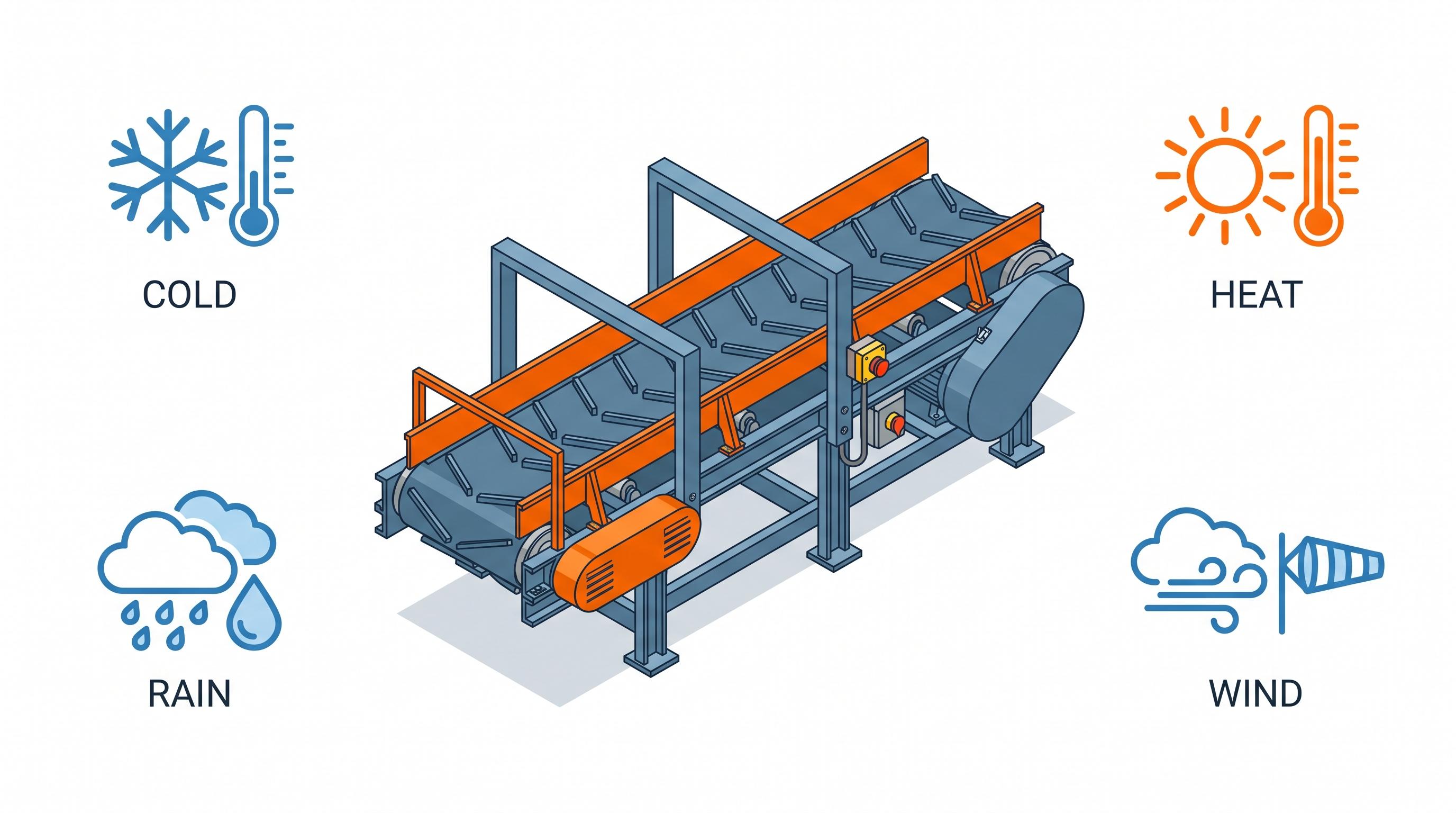 Minimal outdoor conveyor diagram showing four weather factors: cold, heat, rain, and wind.