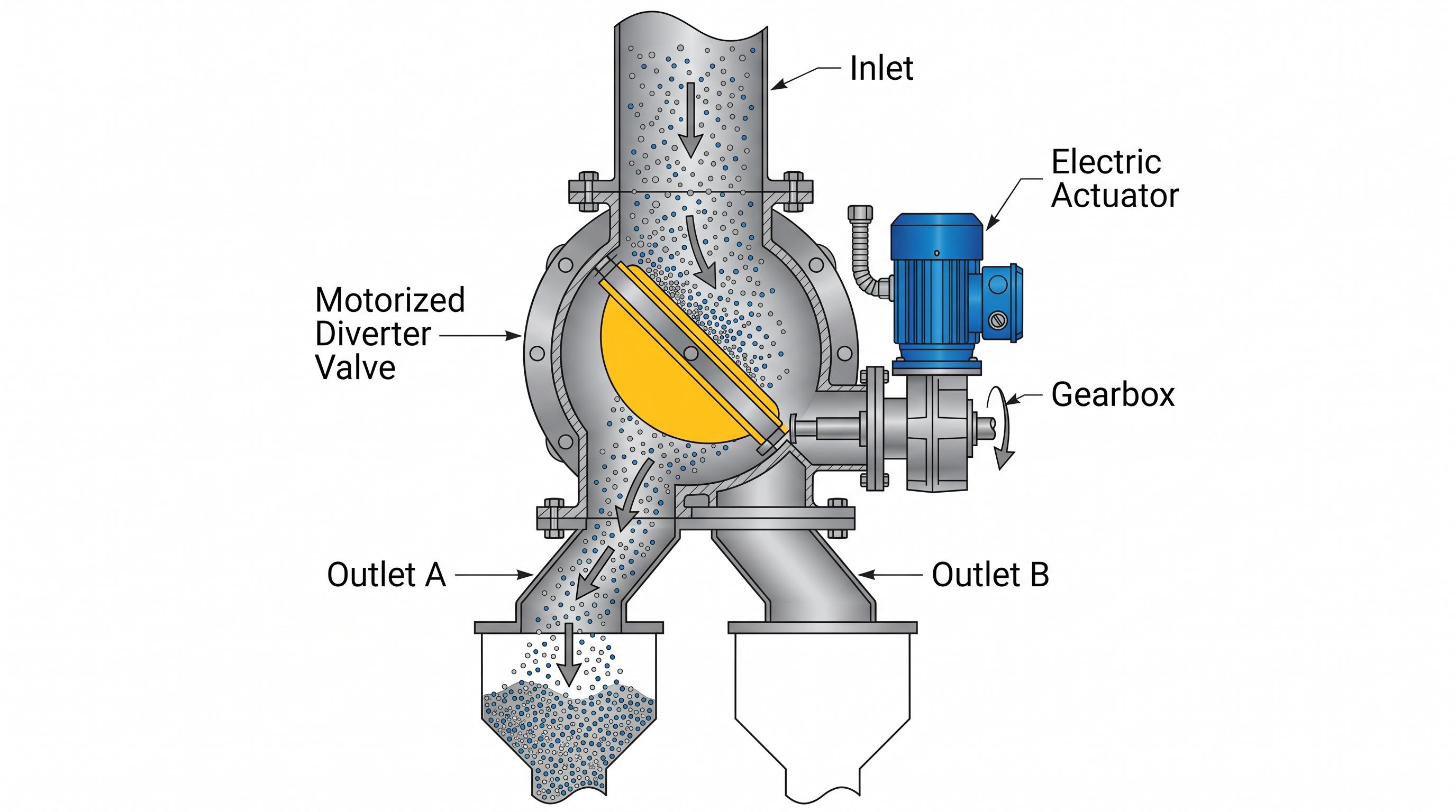 Motorized diverter valve routing diagram with electric actuator, gearbox, and two outlet paths