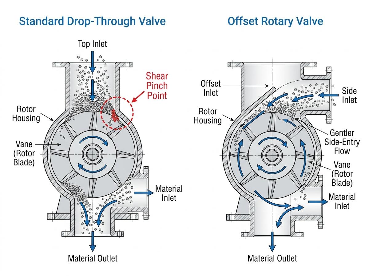 Side-by-side comparison diagram of a standard drop-through valve and an offset rotary valve showing the shear point and gentler offset entry