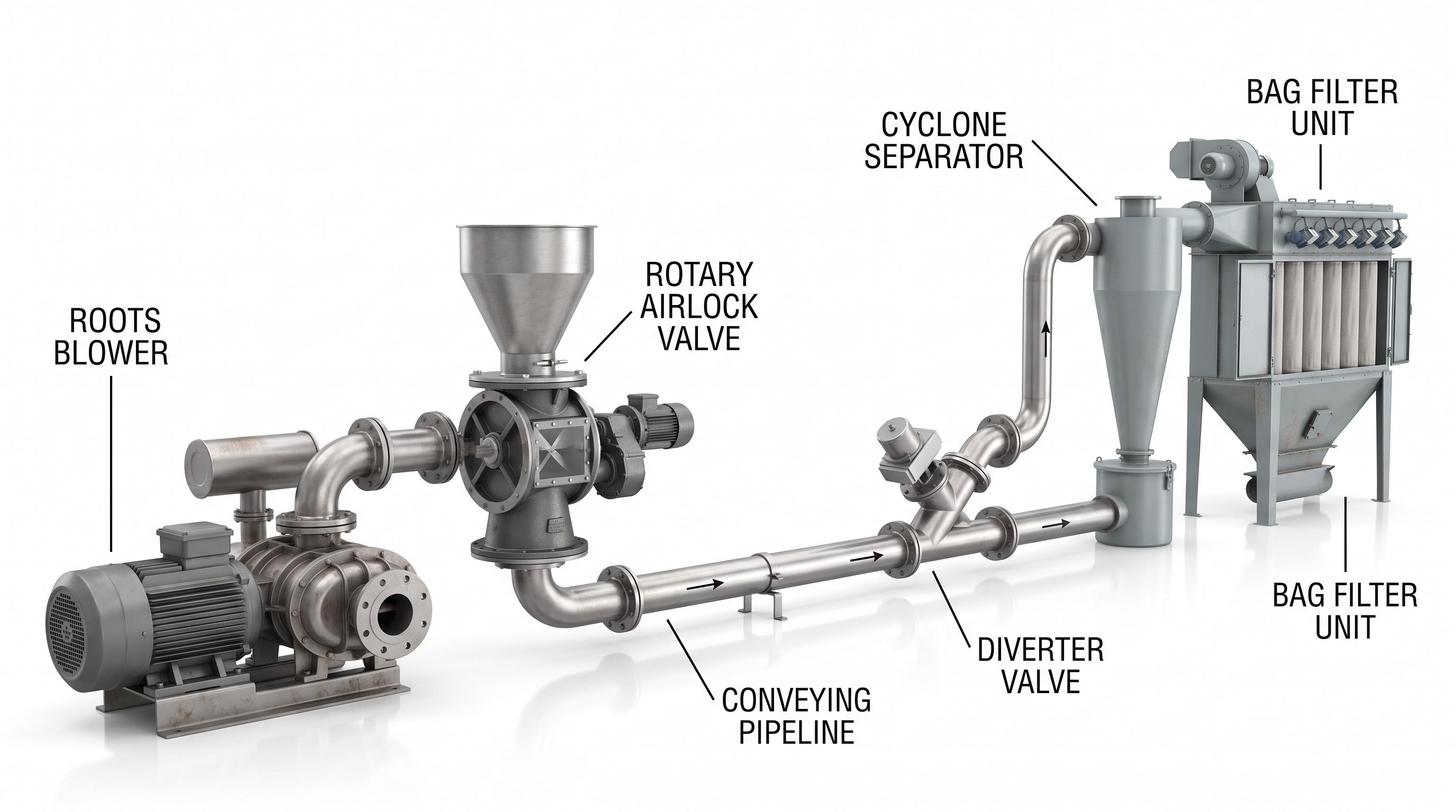 Labeled pneumatic conveying system components on a white background showing Roots blower rotary airlock valve conveying pipeline diverter valve cyclone separator and bag filter unit