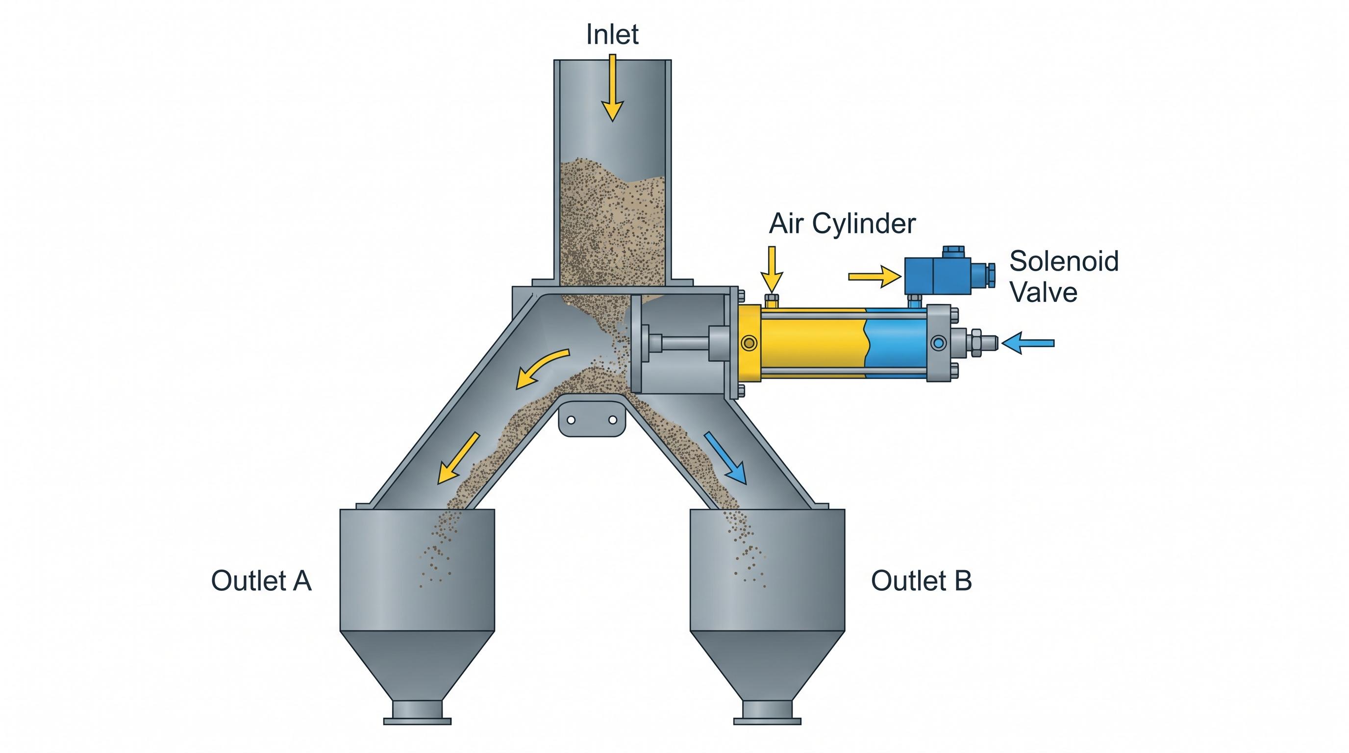 Pneumatic diverter valve routing diagram with air cylinder, solenoid, and two outlet paths