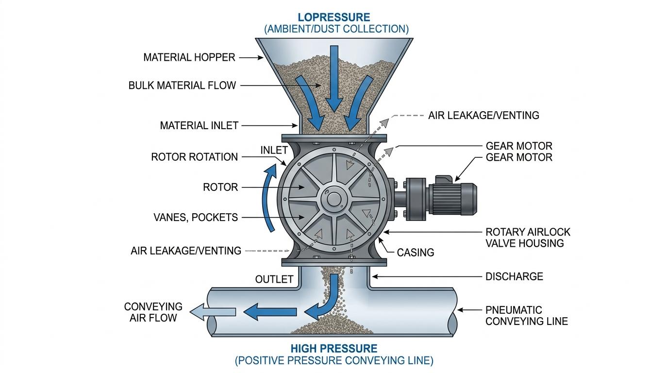 Flow diagram showing a hopper feeding material through a rotary airlock valve into a pneumatic conveying line while maintaining pressure differential