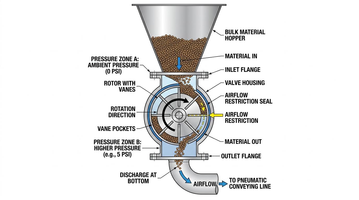 White-background flow diagram showing how a rotary airlock valve fills, rotates, seals, and discharges material