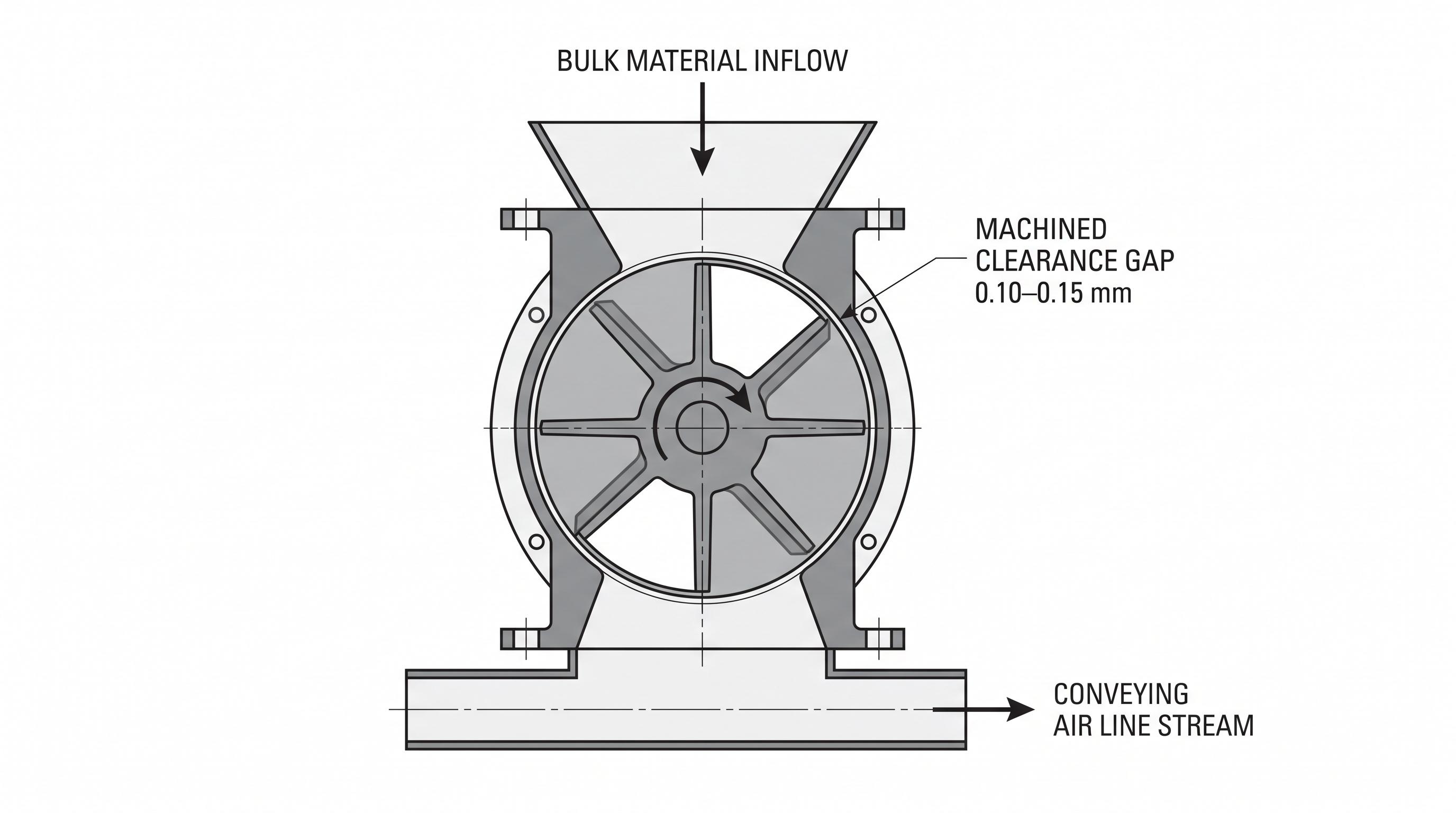 Technical schematic of a rotary airlock valve showing bulk material inflow, rotor pockets, clearance gap, and conveying air line stream