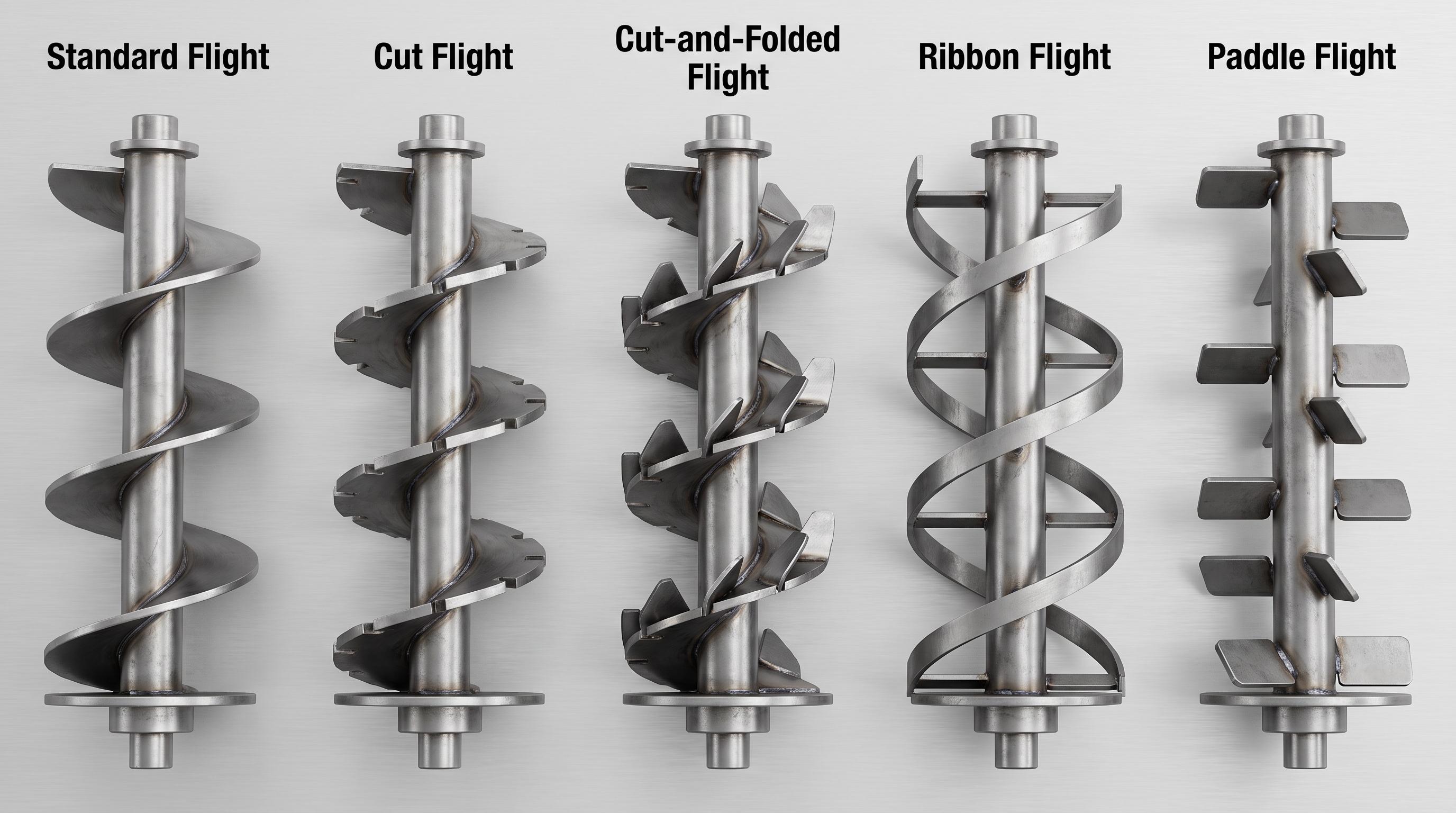 Labeled comparison of standard, cut, cut-and-folded, ribbon, and paddle screw conveyor flight types
